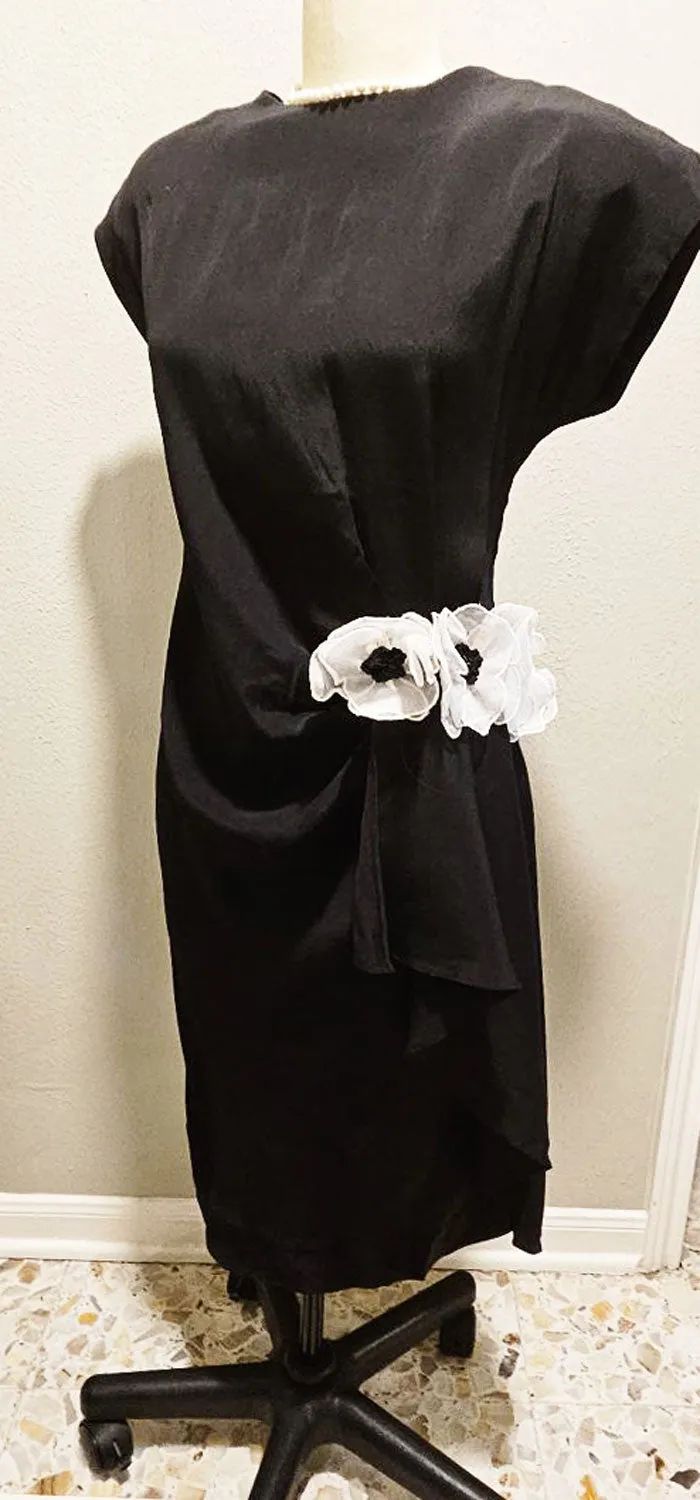 * VINTAGE '60S \ '70s BLACK CREPE DRESS WITH EMBROIDERED ORGANZA & SEQUIN FLOWERS AND V NECK BACK