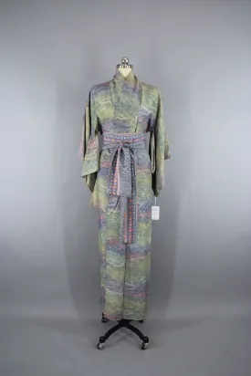 1950s Vintage Silk Kimono Robe / Green Purple Ombre