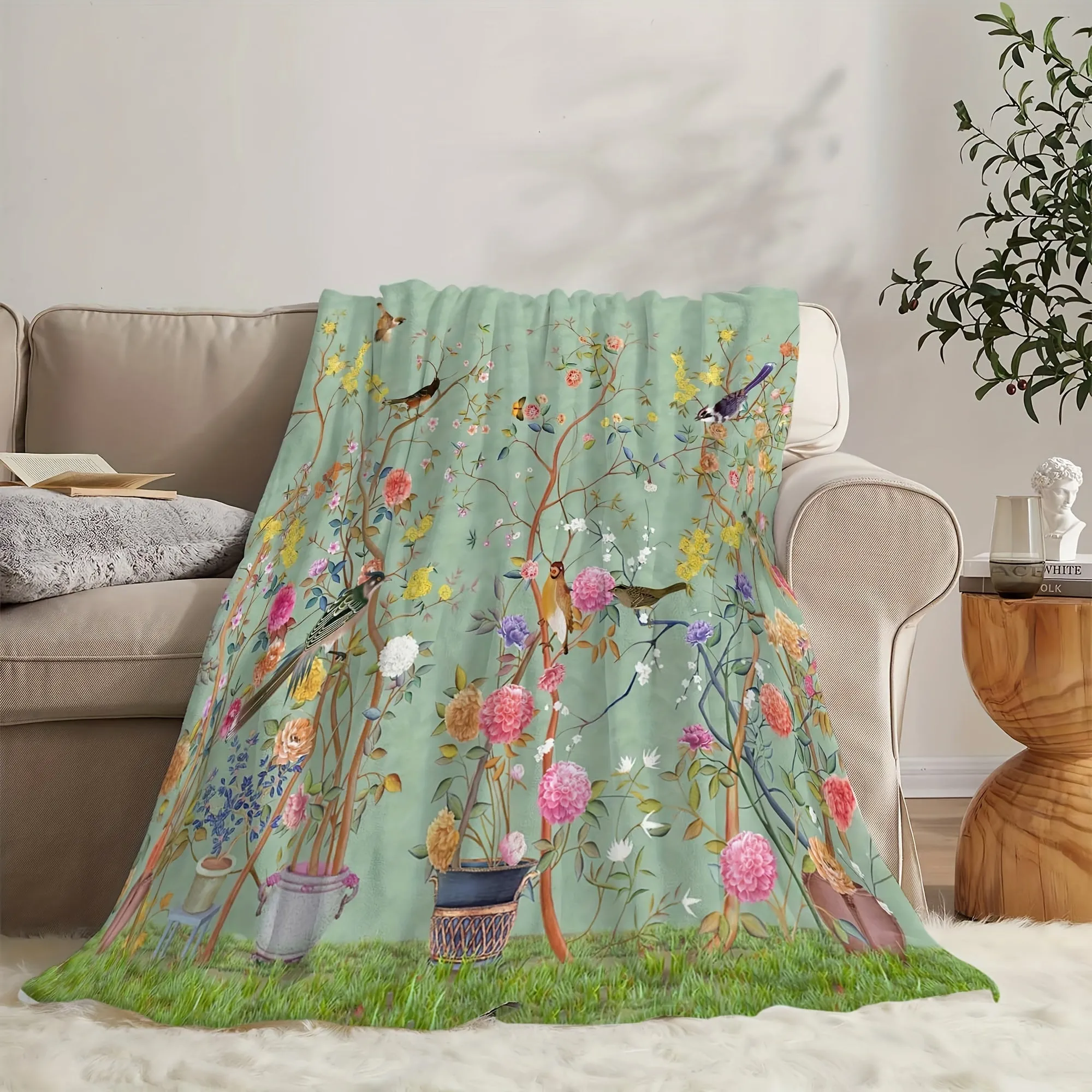 1pc Cozy Floral Bird Print Flannel Blanket - Soft, Warm, Comfortable, Versatile Throw for All Seasons, Home, Office, Travel, Bed - Perfect for Snuggling Up Indoors or Outdoors