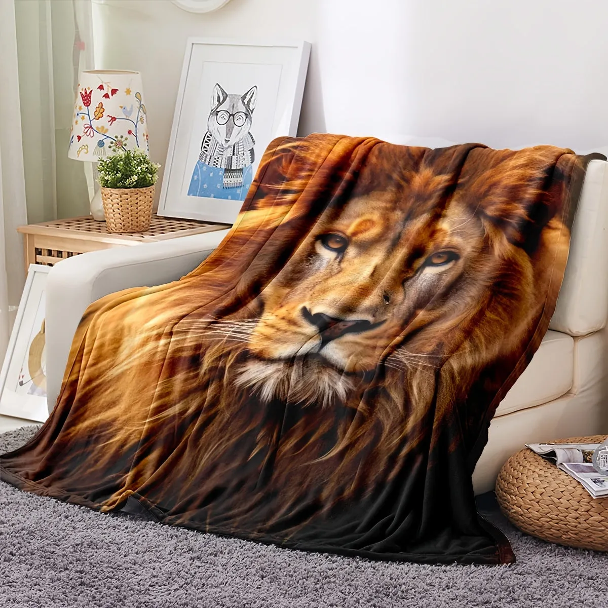 1pc Cozy Lion Print Flannel Blanket - Ultra-Soft, Warm, and Lightweight Throw for Travel, Sofa, Bed, Office, and Home Decor - Perfect Birthday or Holiday Gift for Boys, Girls, and Adults, Suitable for All Seasons