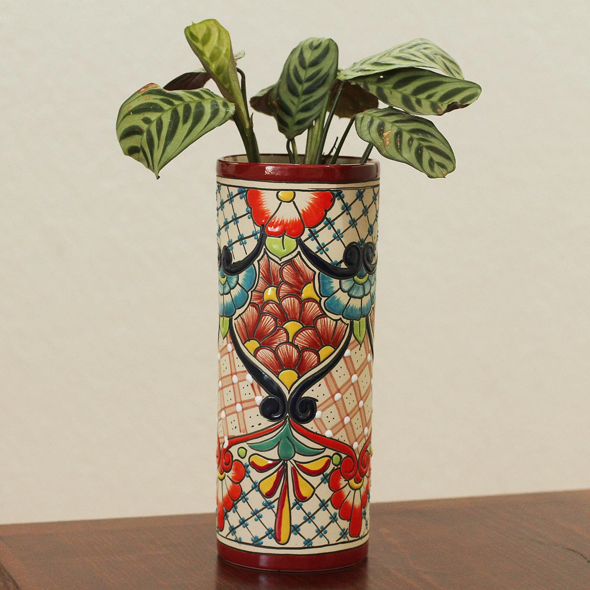 A Floral Day Hand-Painted Floral Talavera Ceramic Vase from Mexico