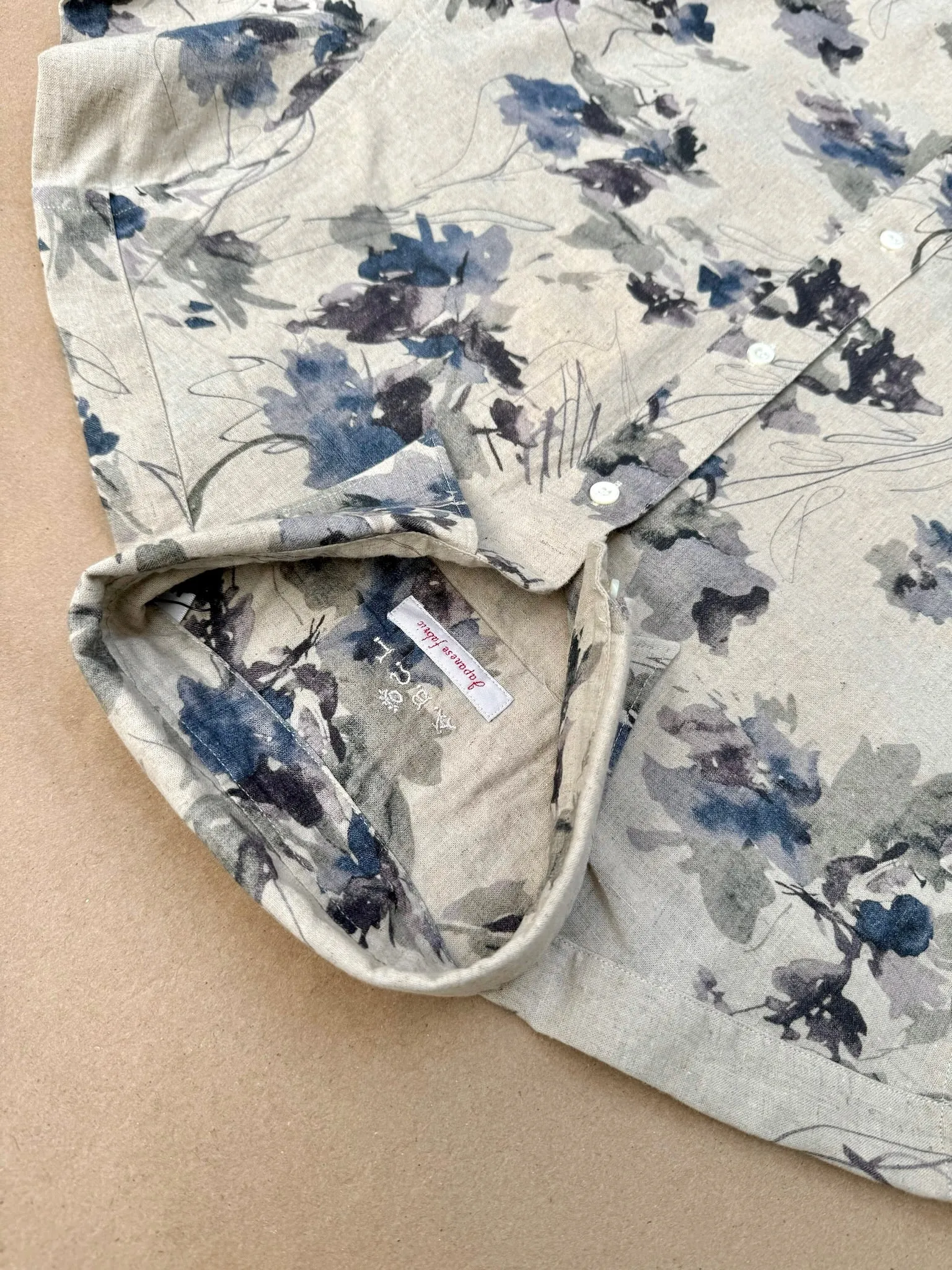 ABCL Beige Blue Flower Print Linen Studio Shirt