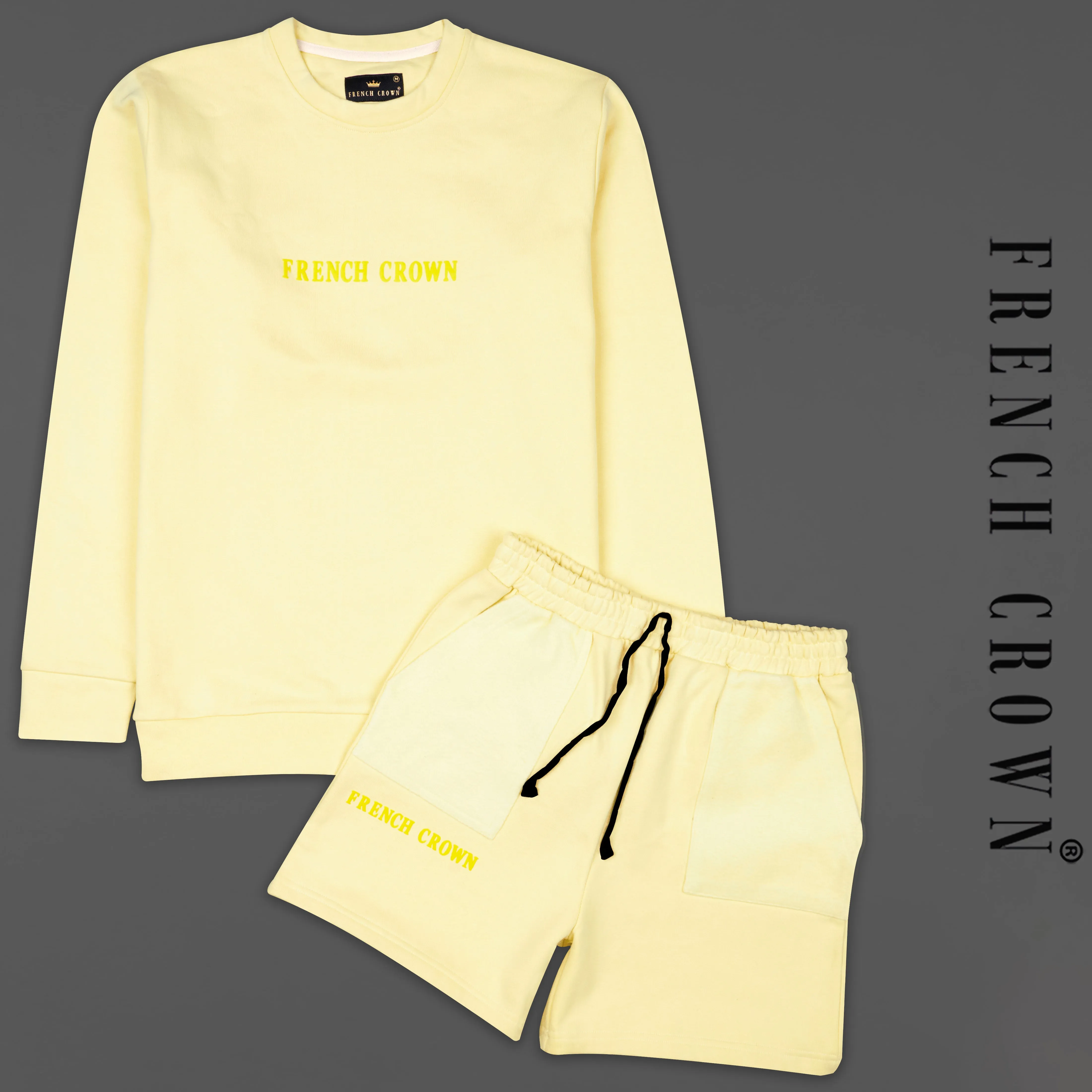 Beeswax Yellow Premium Cotton Sweatshirt with Shorts Co-ord Sets