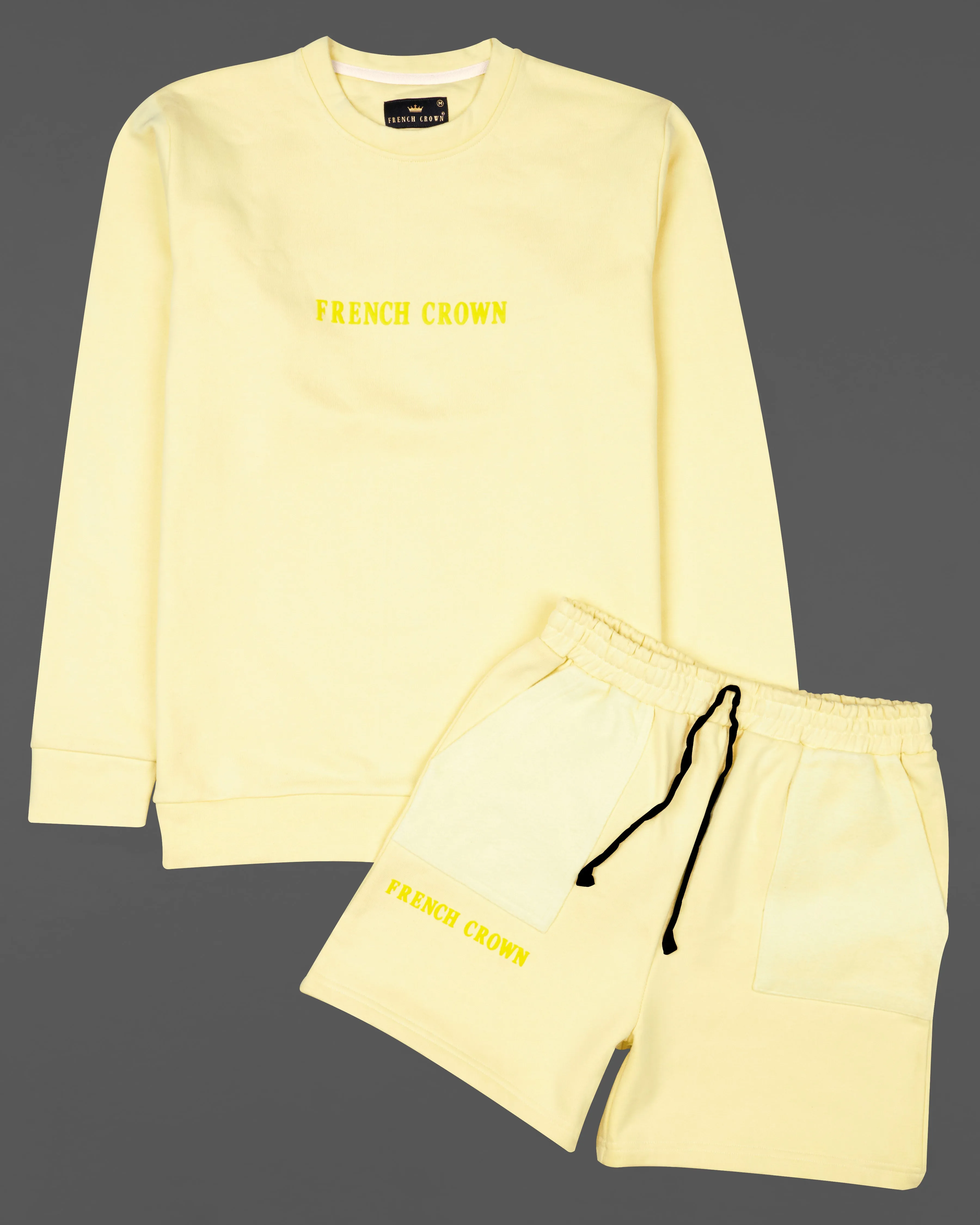 Beeswax Yellow Premium Cotton Sweatshirt with Shorts Co-ord Sets