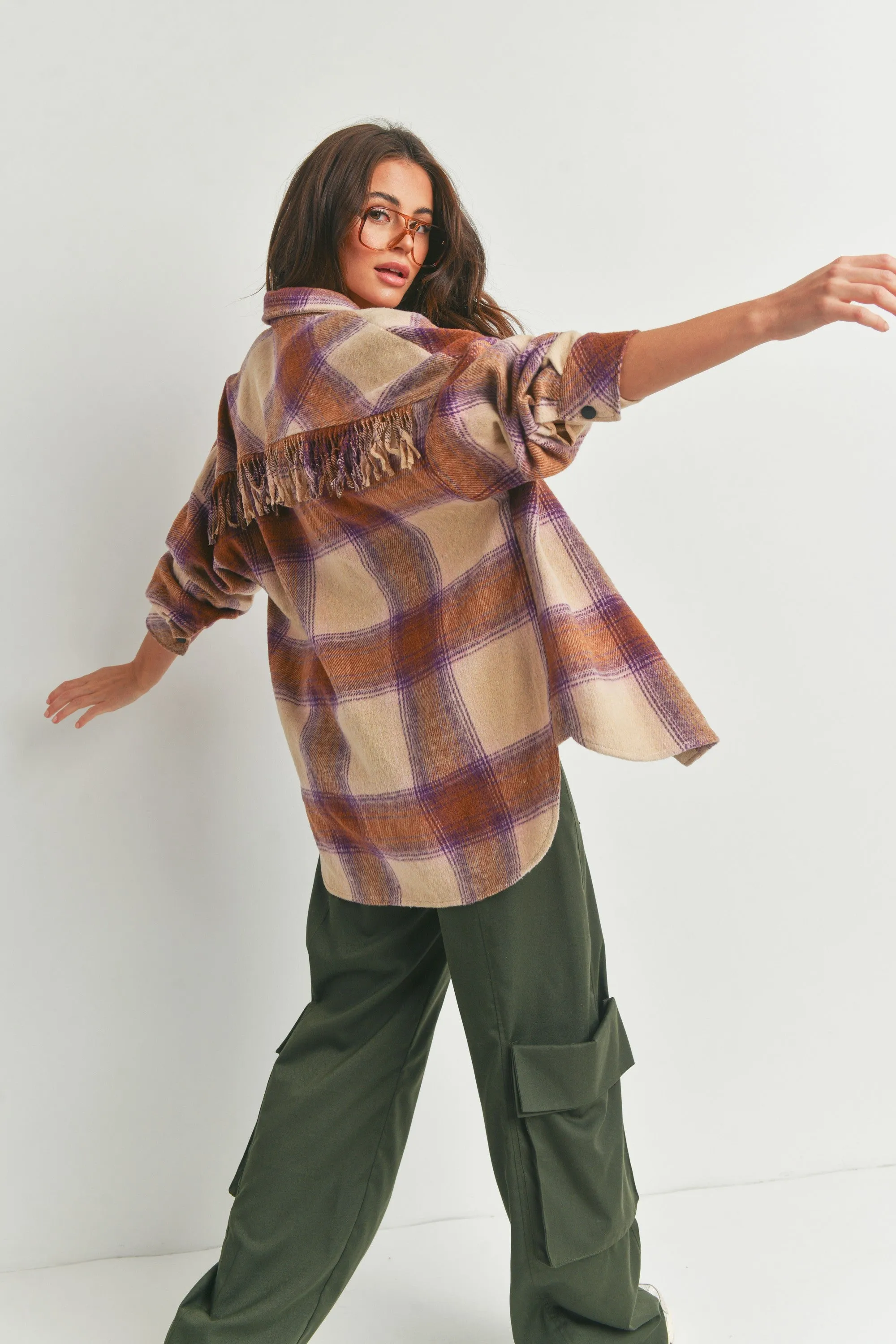 Beige Camel Purple Plaid Fringe Flannel