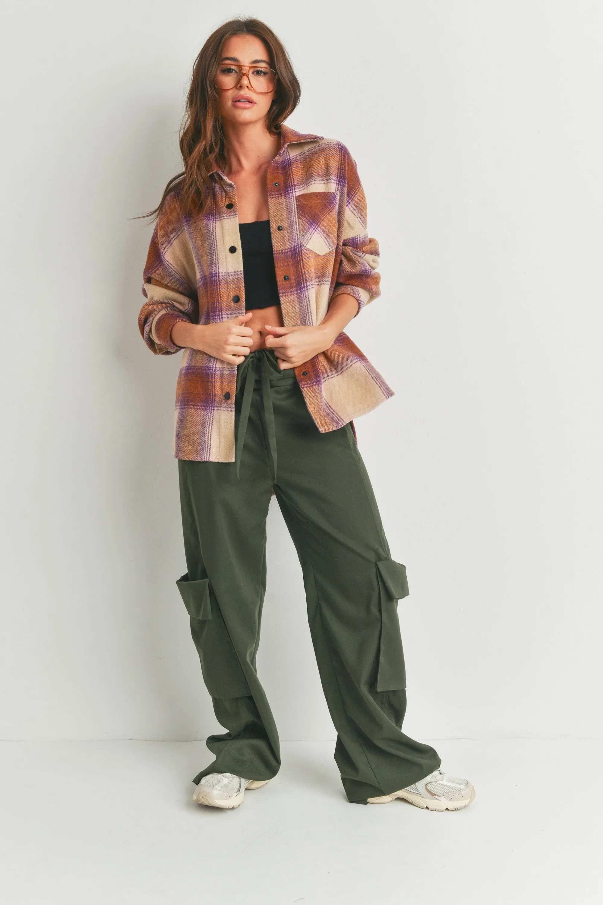 Beige Camel Purple Plaid Fringe Flannel