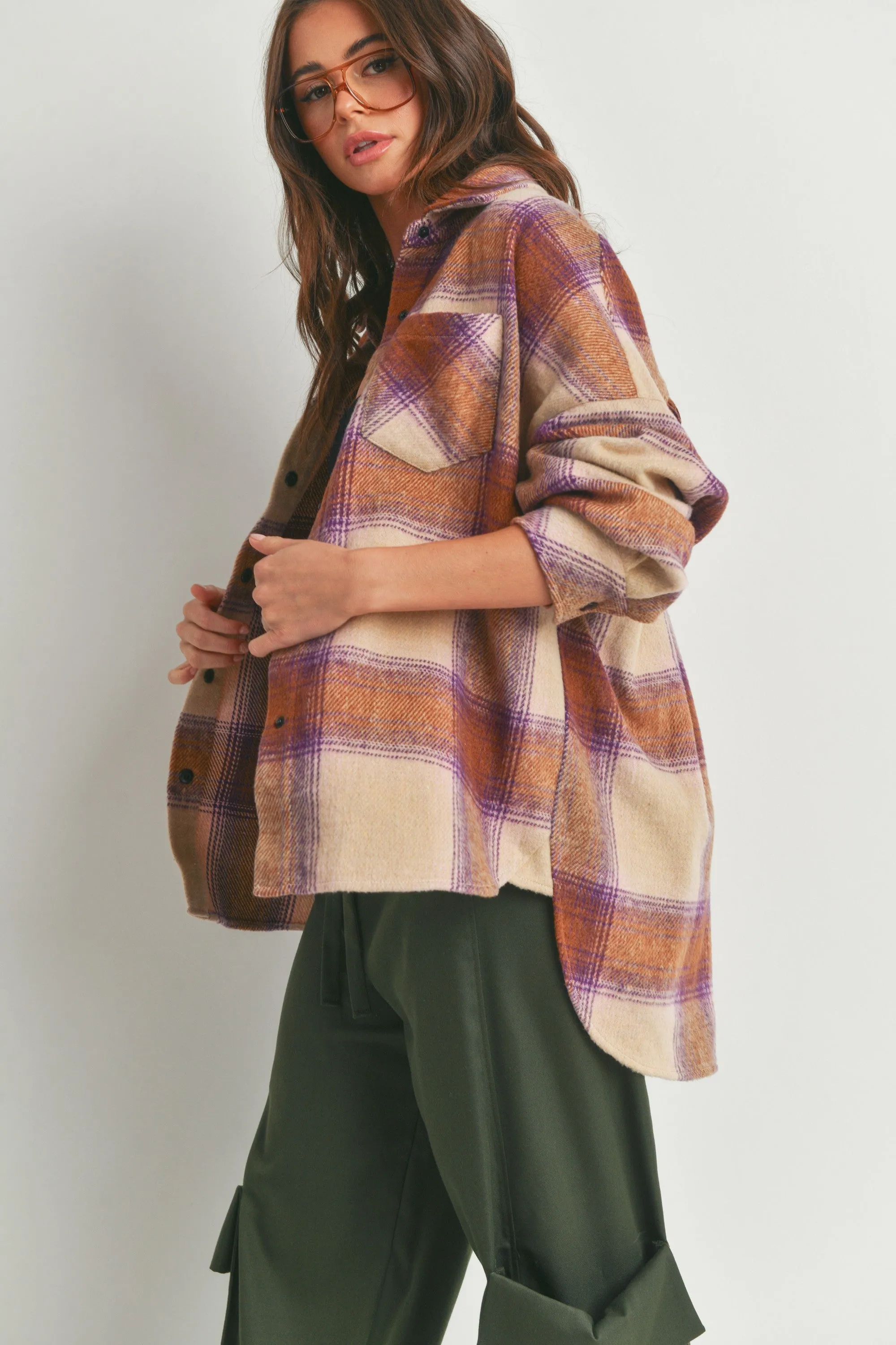 Beige Camel Purple Plaid Fringe Flannel