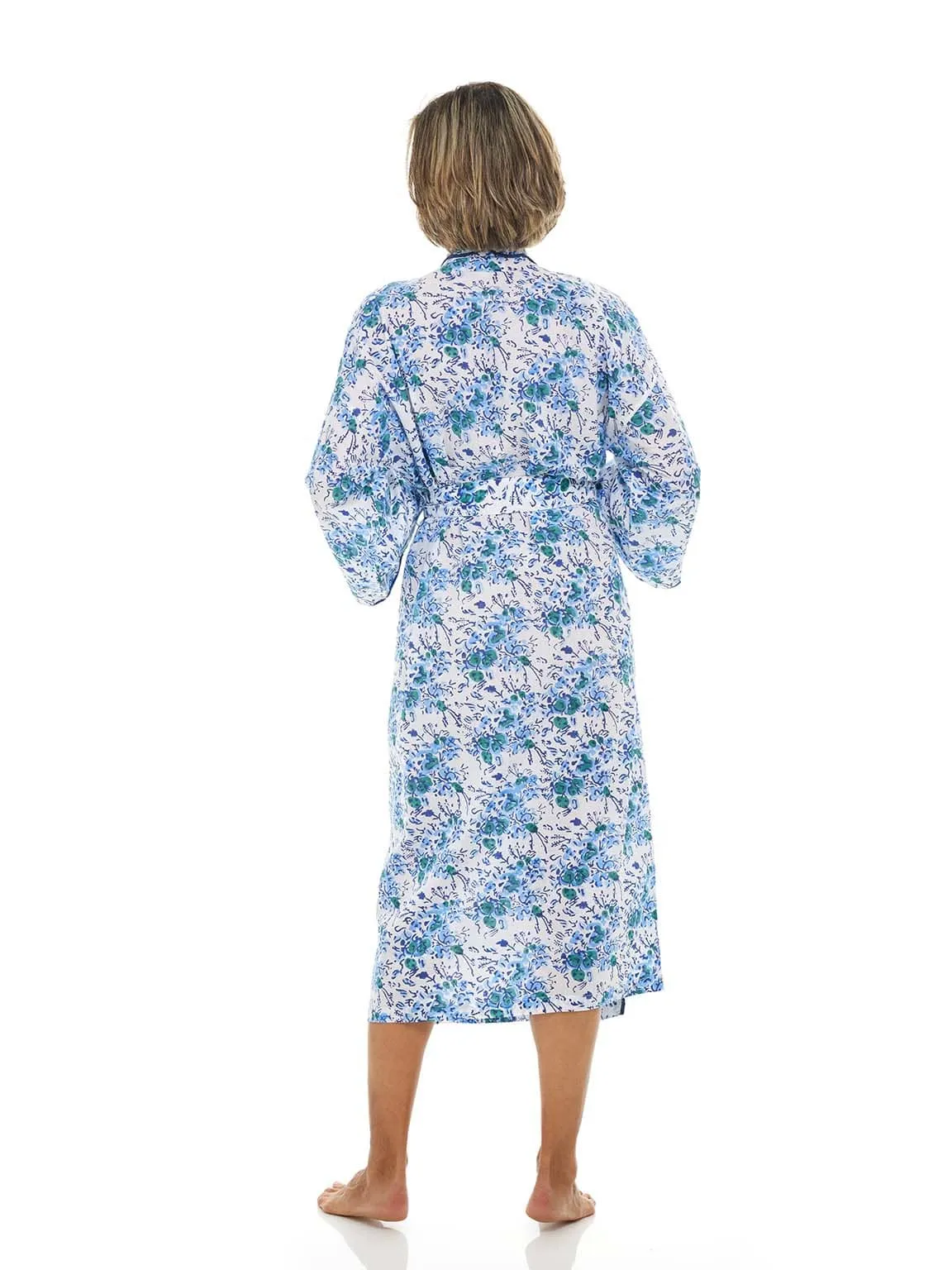 Blue Floral Print Kimono Robe with Scalloping