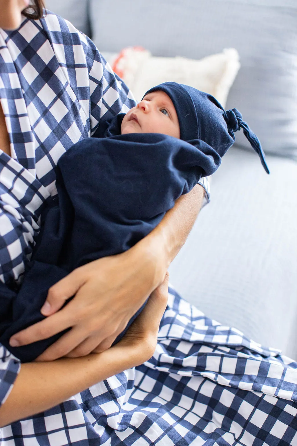 Blue Gingham Robe & Navy Swaddle Blanket Set