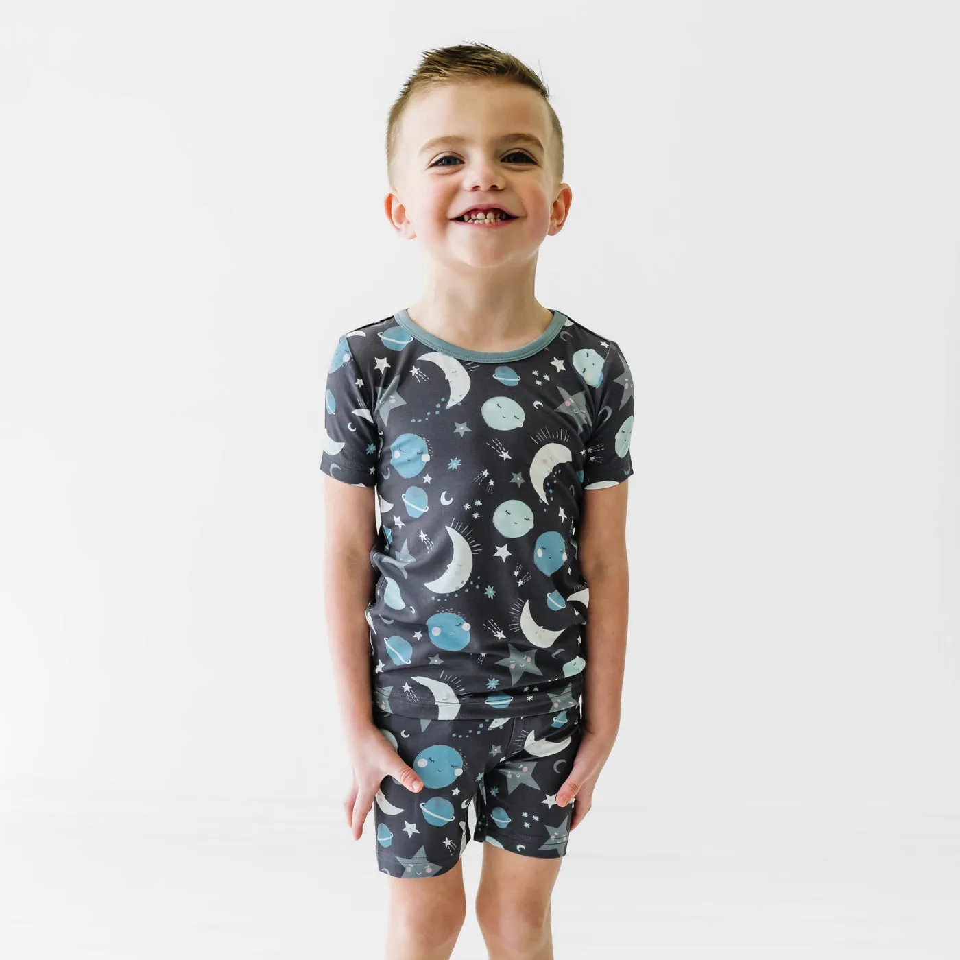 Blue To the Moon & Back Two-Piece Short Sleeve & Shorts Pajama Set