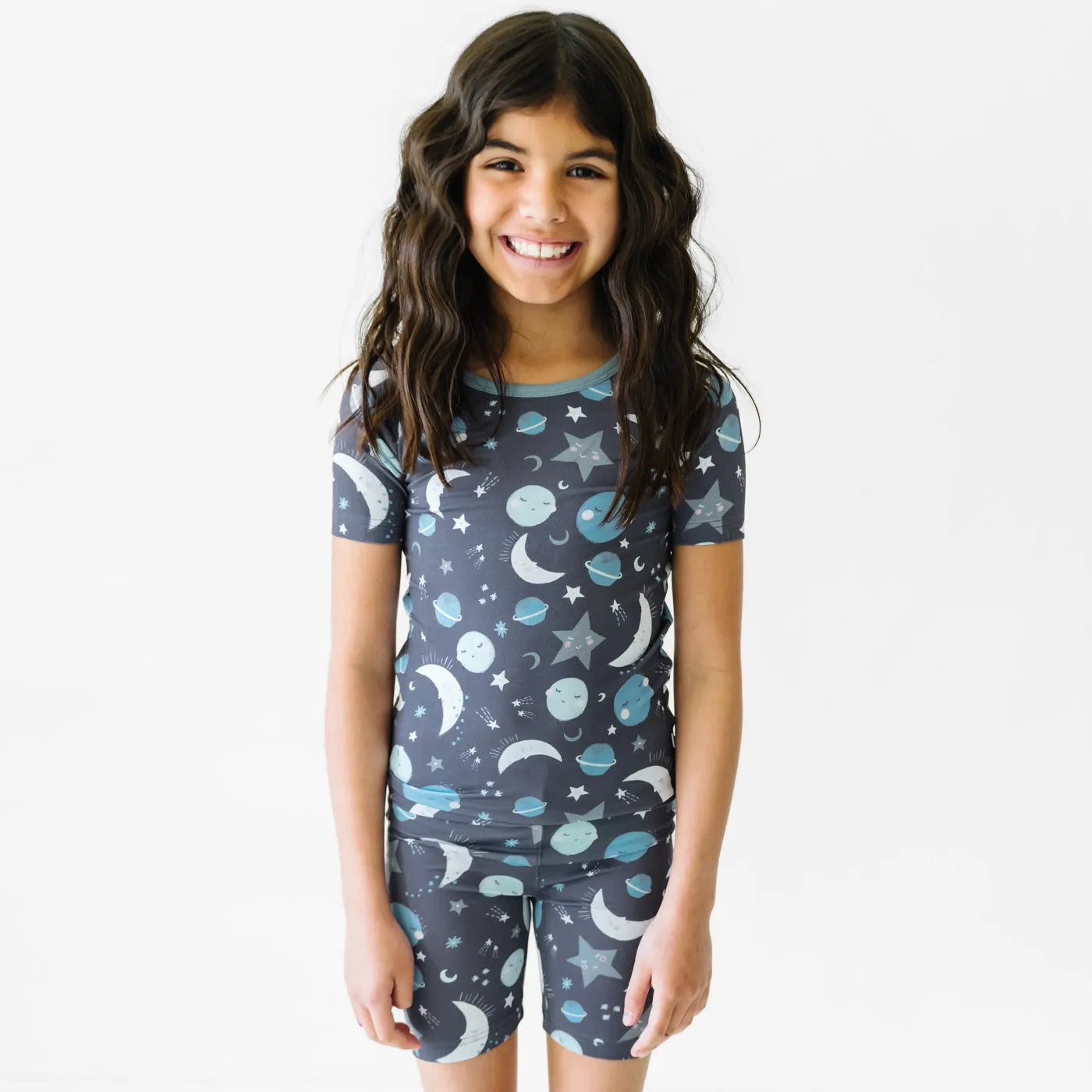 Blue To the Moon & Back Two-Piece Short Sleeve & Shorts Pajama Set