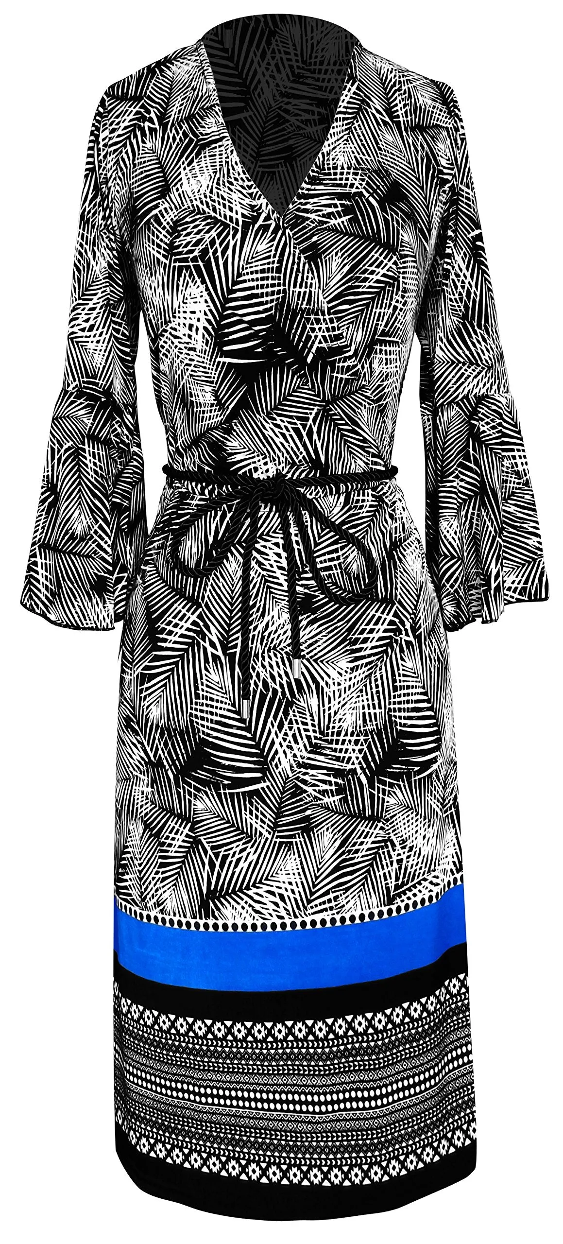 Boho Tribal Surplice Mid-Length Shift Dress With 3/4 Bell Sleeves (Large, Black & White)