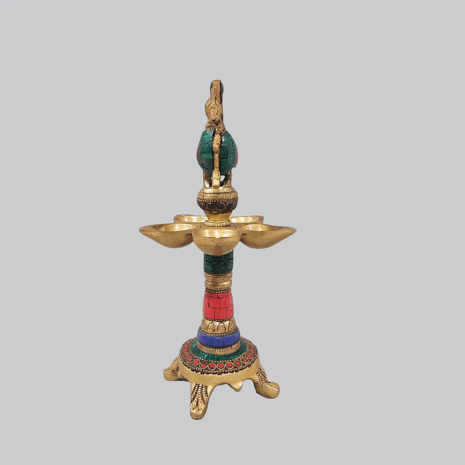 Brass Lamp 5 Peacock with Stonework 9.5 in