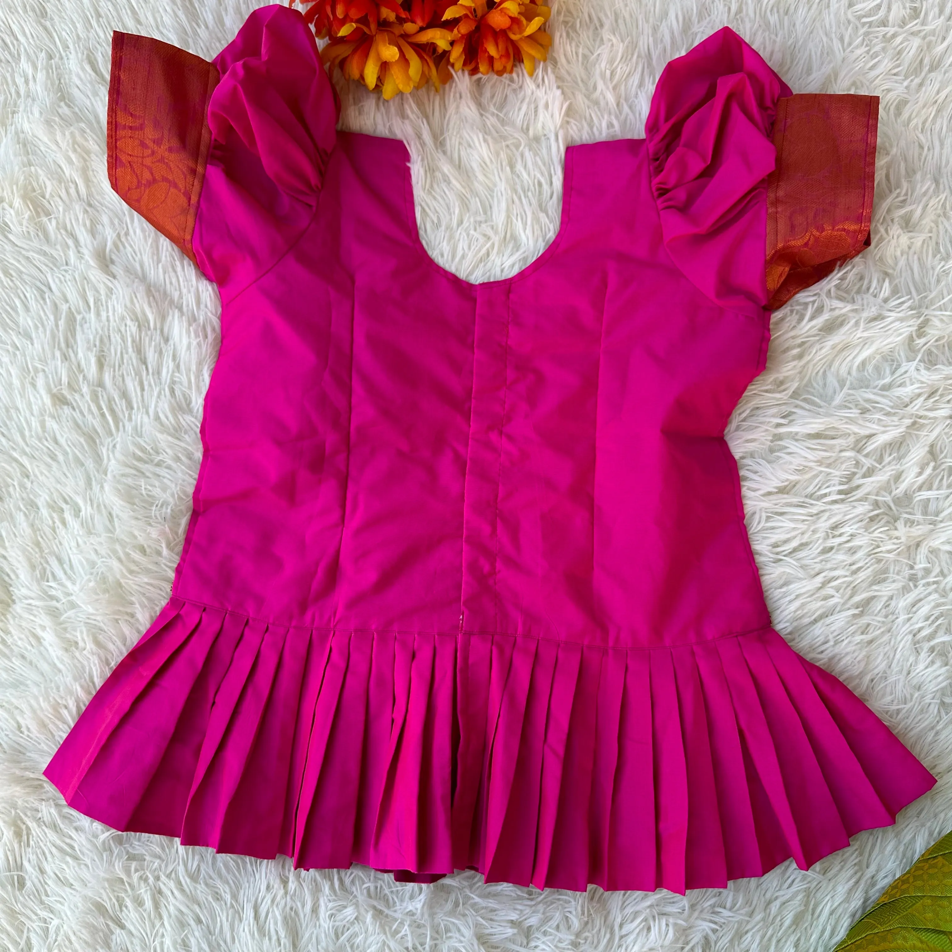 Charming Ensemble: Green Kora Silk Skirt, Pink Aari Work Peplum Top