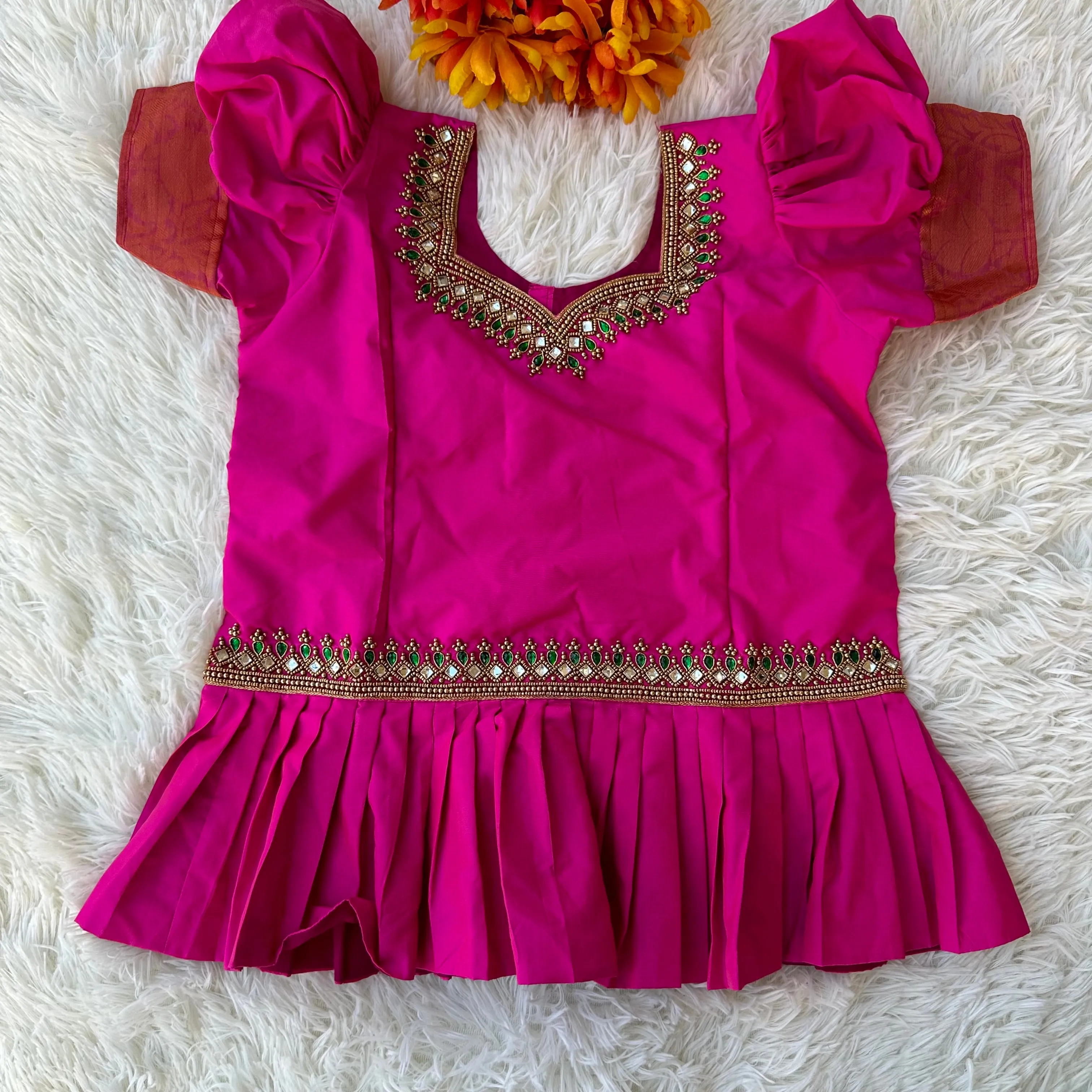 Charming Ensemble: Green Kora Silk Skirt, Pink Aari Work Peplum Top