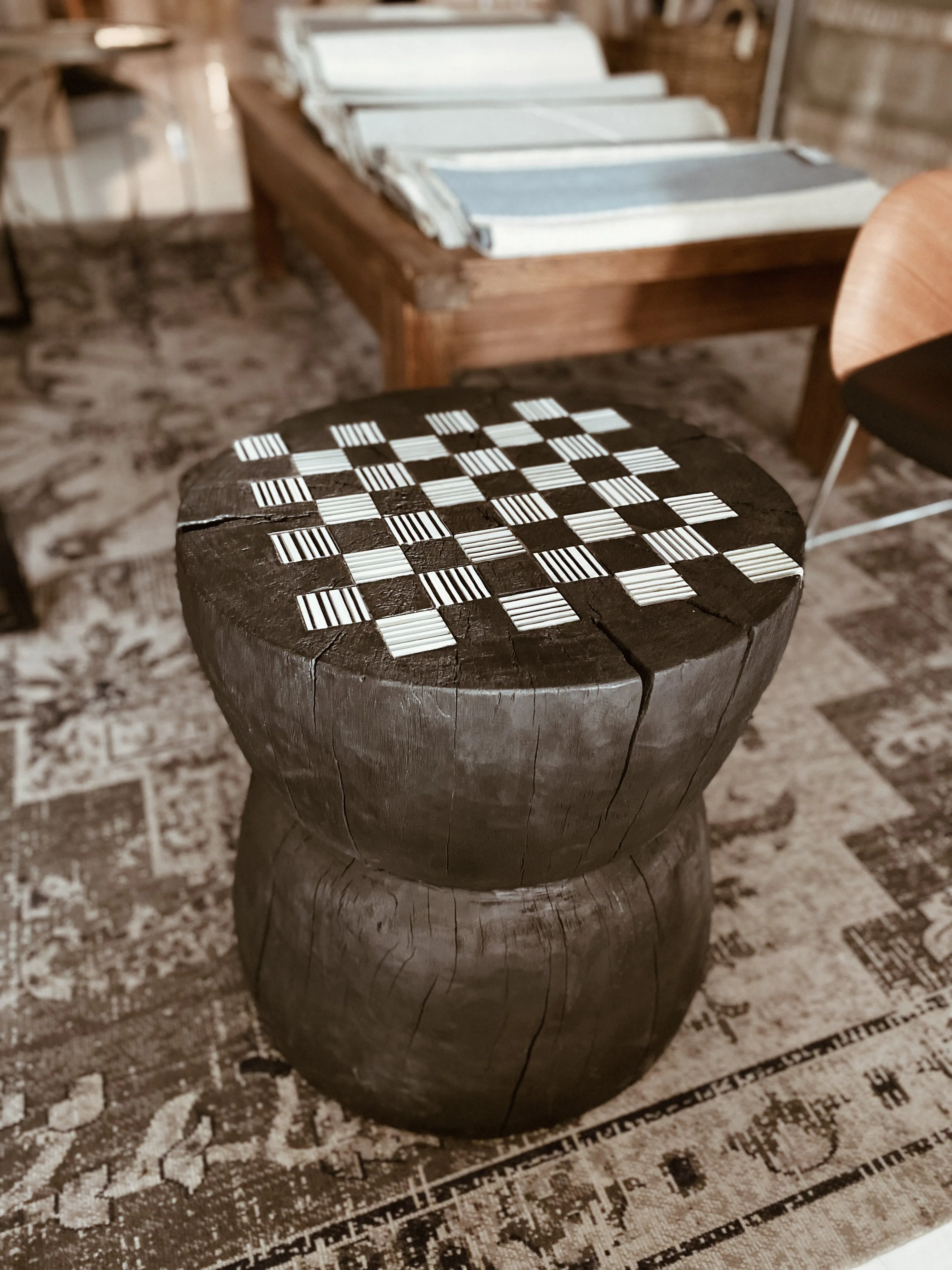 Chessboard Side Table, Carbonized & Glass (Pick Up / Local Delivery Only)