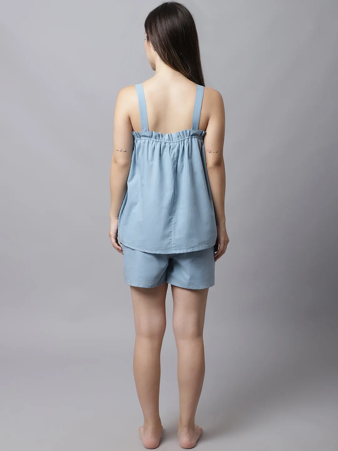 Cotton Night Suit Top and Shorts Set - Blue