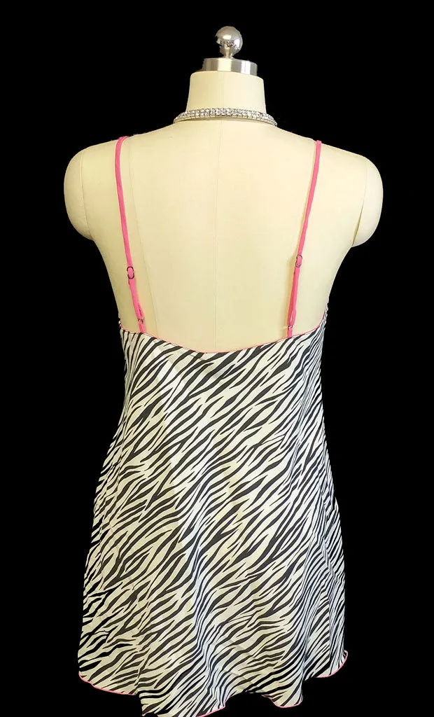 *CUTE JOSIE NATORI ZEBRA SILKY NIGHTGOWN WITH HOT PINK TRIM