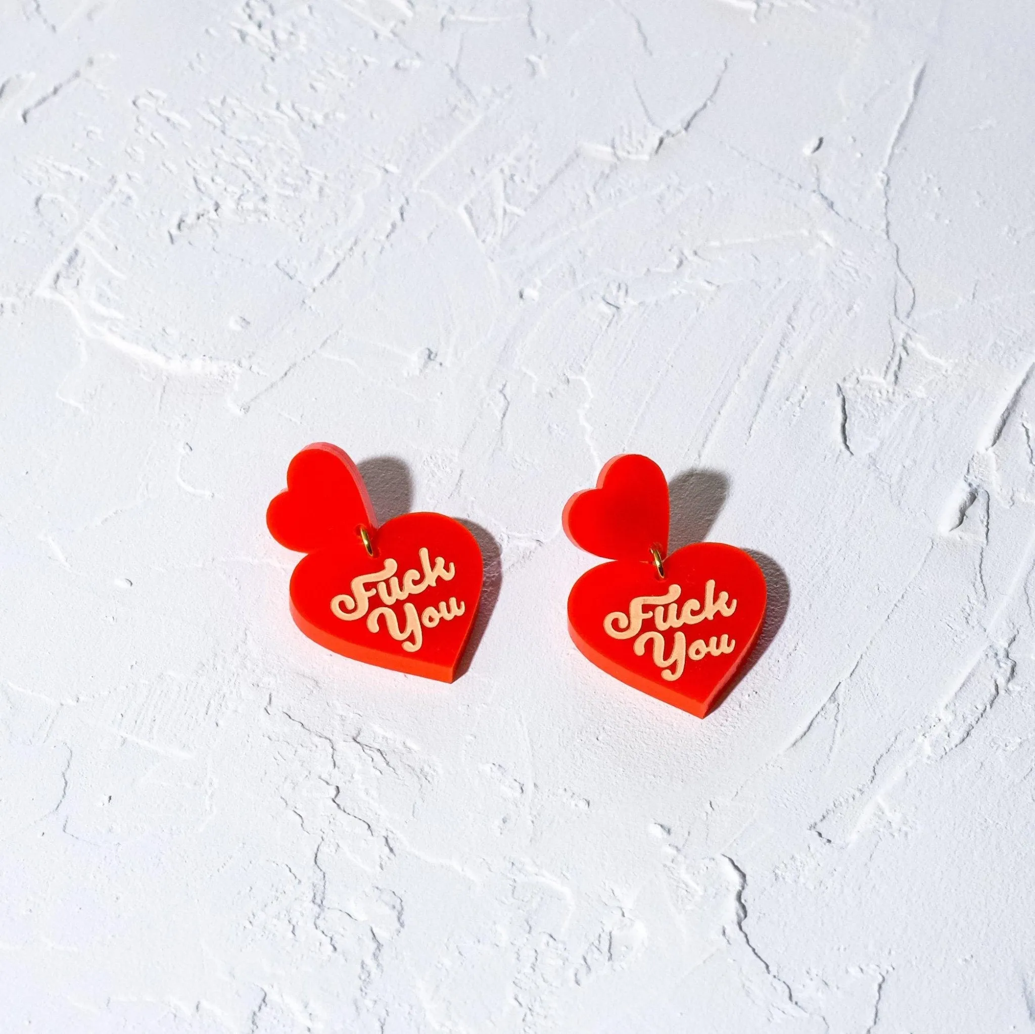 F U Double Heart Dangle Earrings - Red