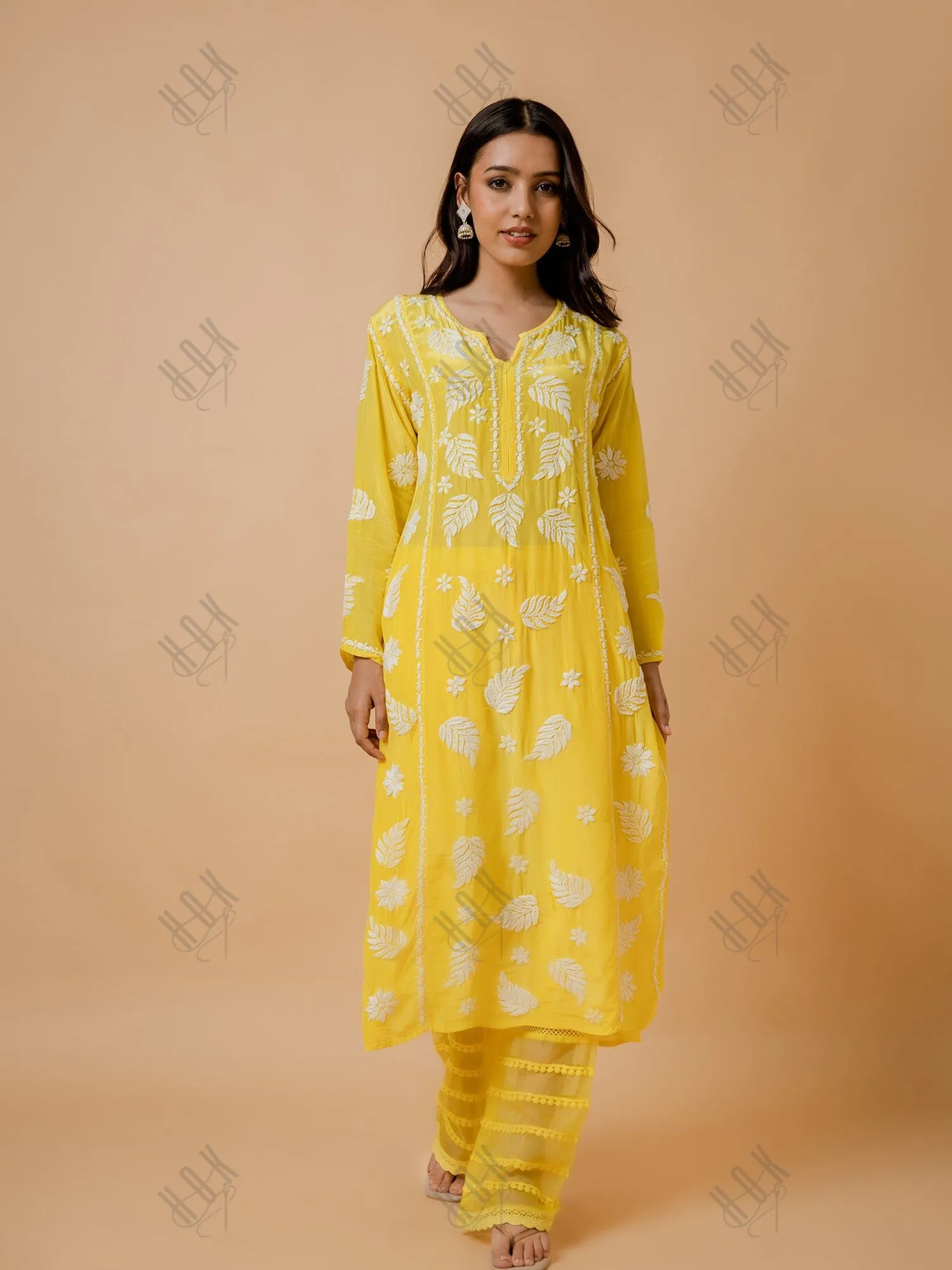 Fizaa Chikankari Crepe Silk Kurta Set for Women in Yellow