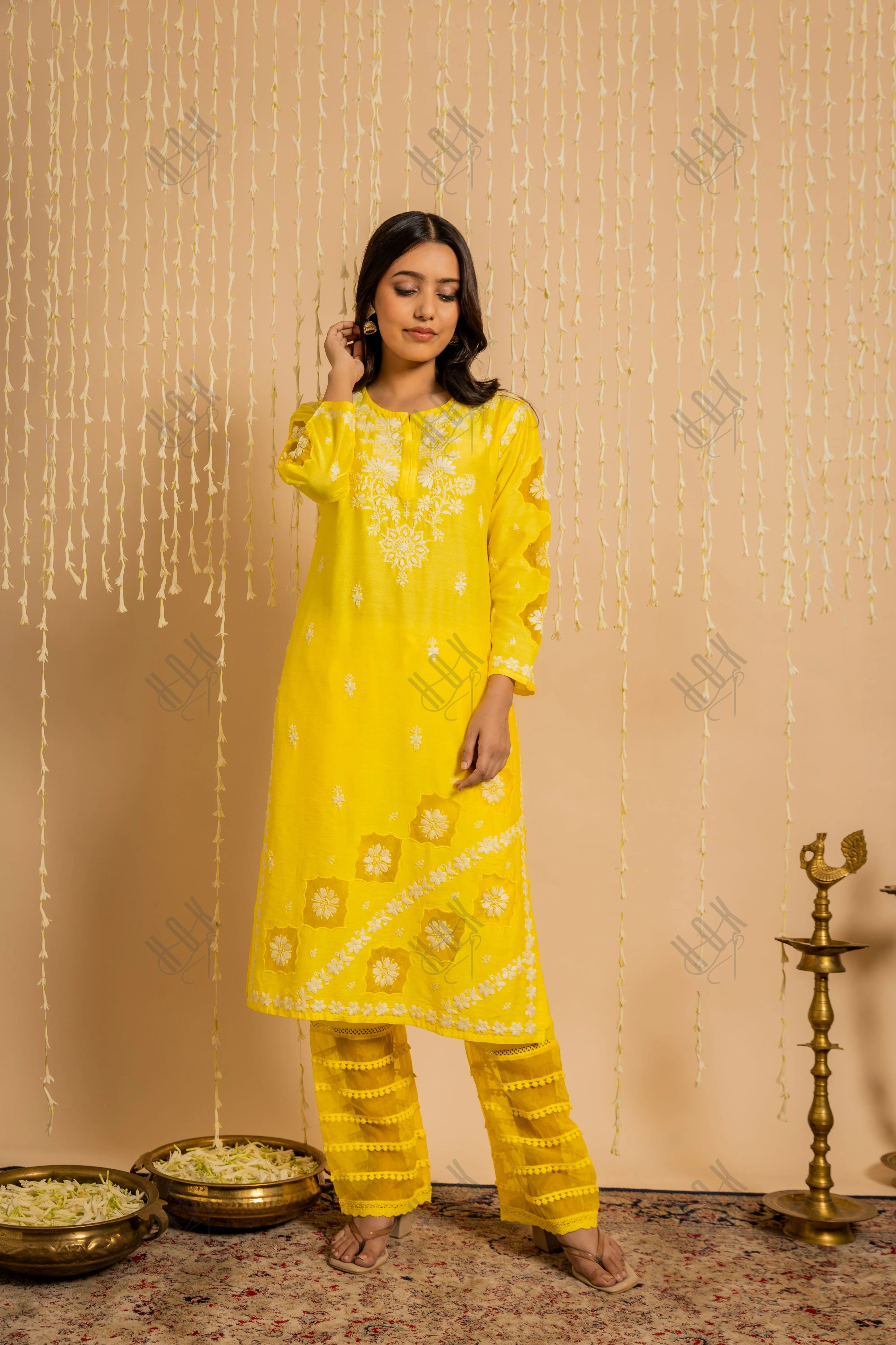 Fizaa Yellow Chikankari Chanderi Silk Kurta