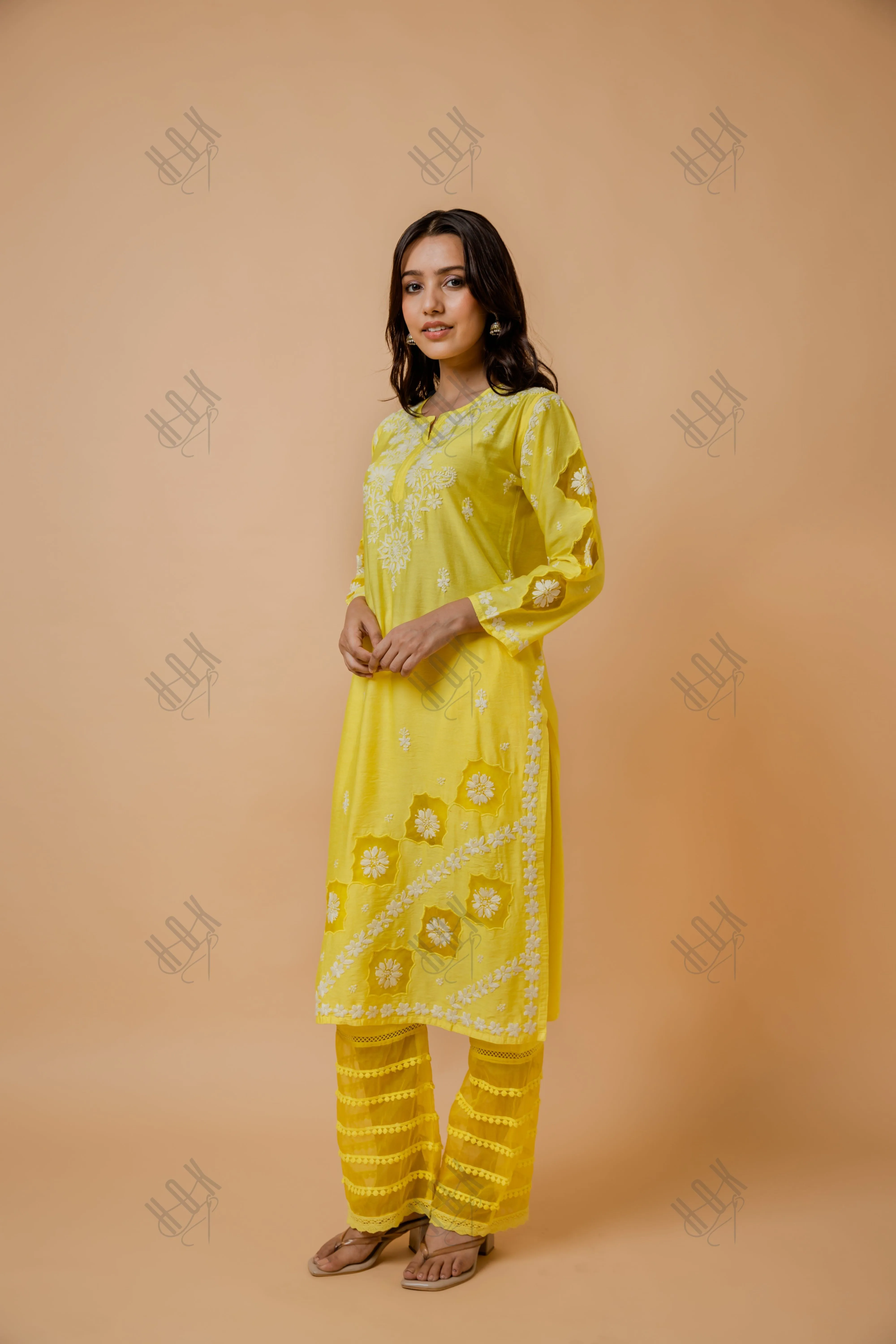 Fizaa Yellow Chikankari Chanderi Silk Kurta