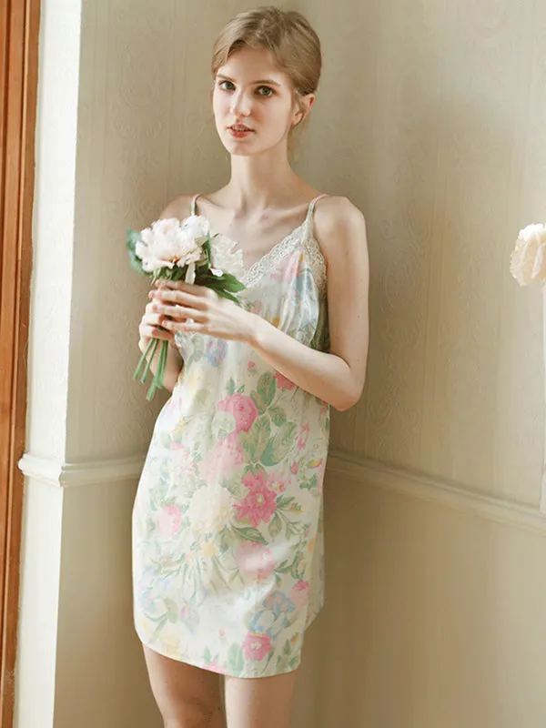 Floral Print Lace Stitching Nightdress