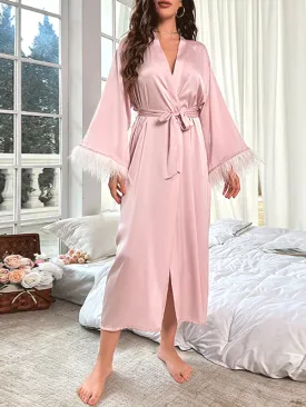 Fuzzy Trim Belted Solid Color Robe