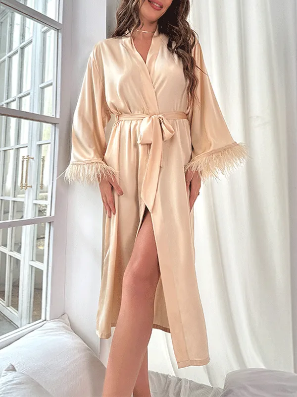 Fuzzy Trim Belted Solid Color Robe