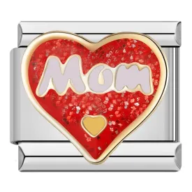 Glittery Red Heart, Mom, on Silver