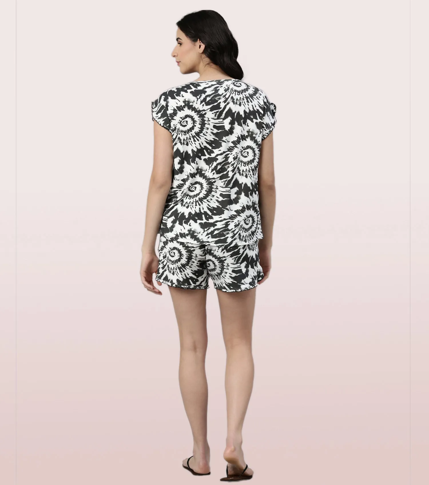 Home Shorts Set | Viscose Printed Ruffled Trim Tee And Shorts Set - EC14