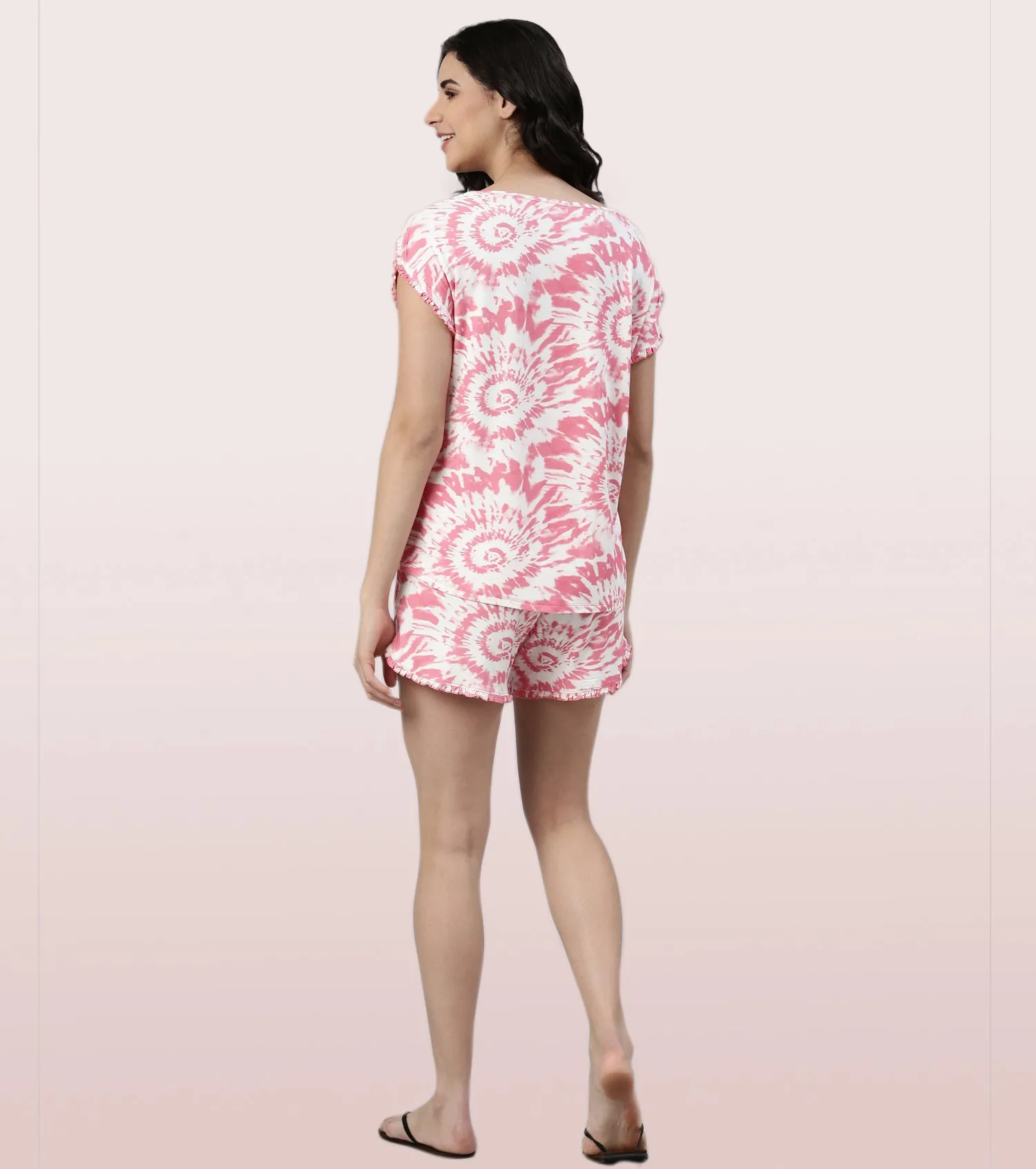 Home Shorts Set | Viscose Printed Ruffled Trim Tee And Shorts Set - EC14