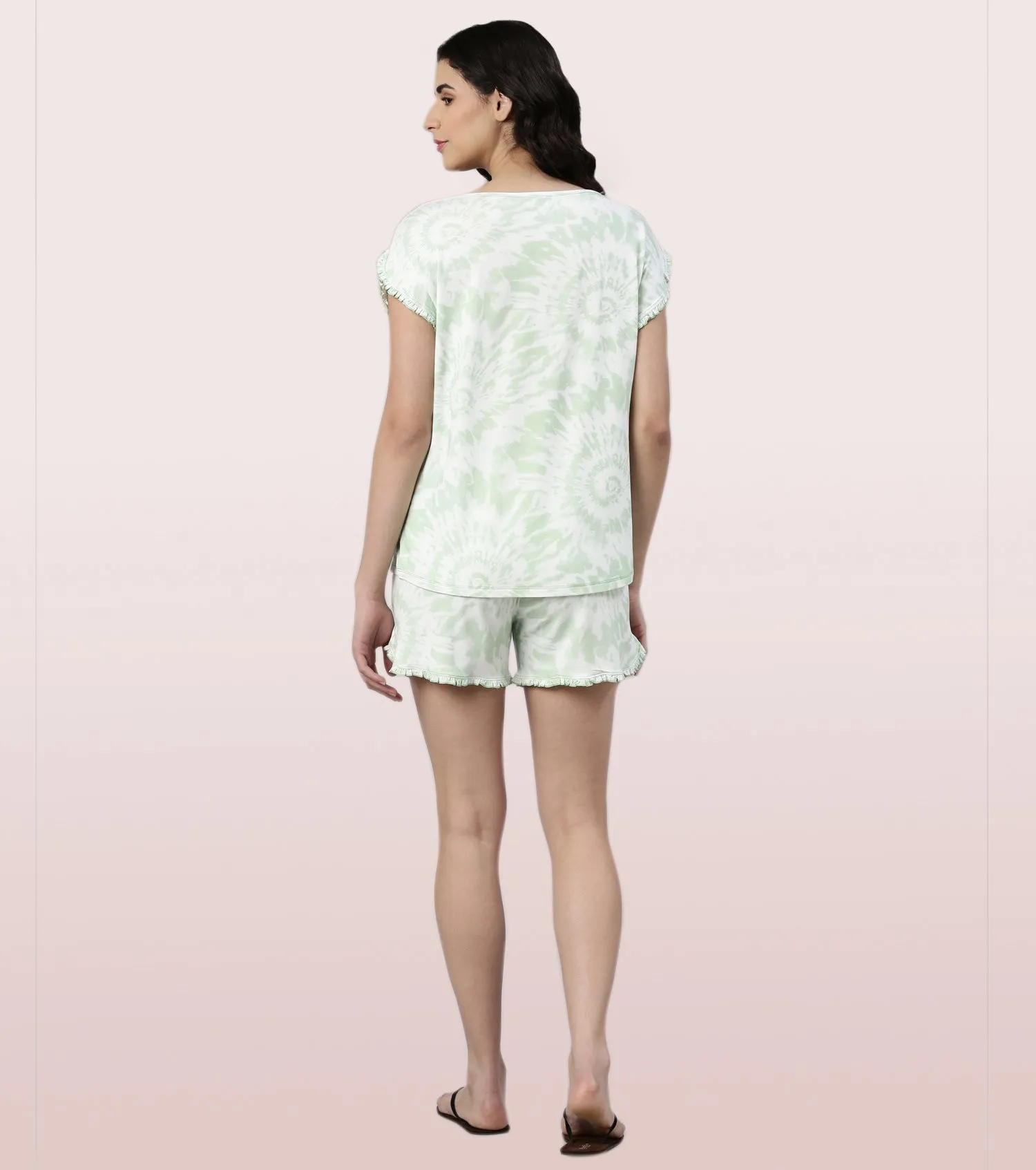 Home Shorts Set | Viscose Printed Ruffled Trim Tee And Shorts Set - EC14