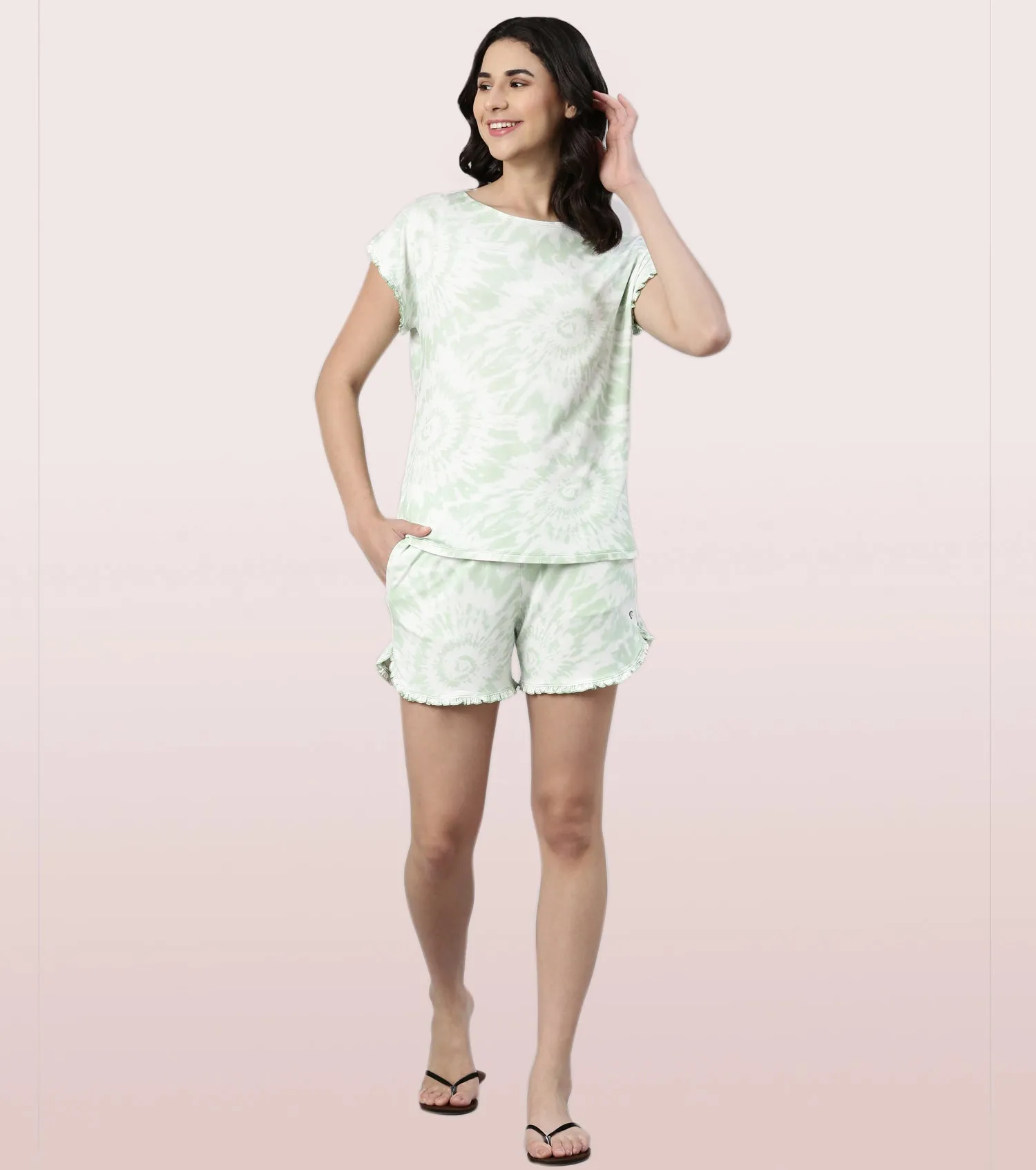 Home Shorts Set | Viscose Printed Ruffled Trim Tee And Shorts Set - EC14