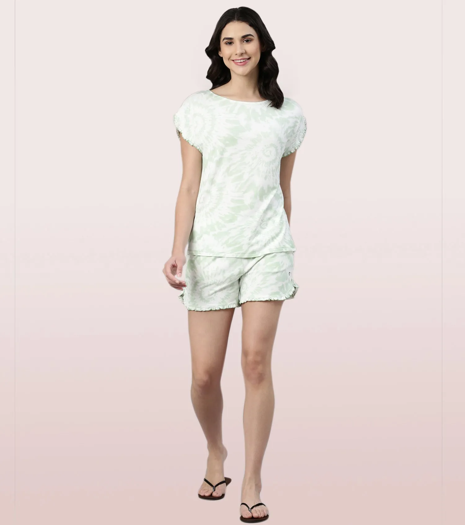 Home Shorts Set | Viscose Printed Ruffled Trim Tee And Shorts Set - EC14