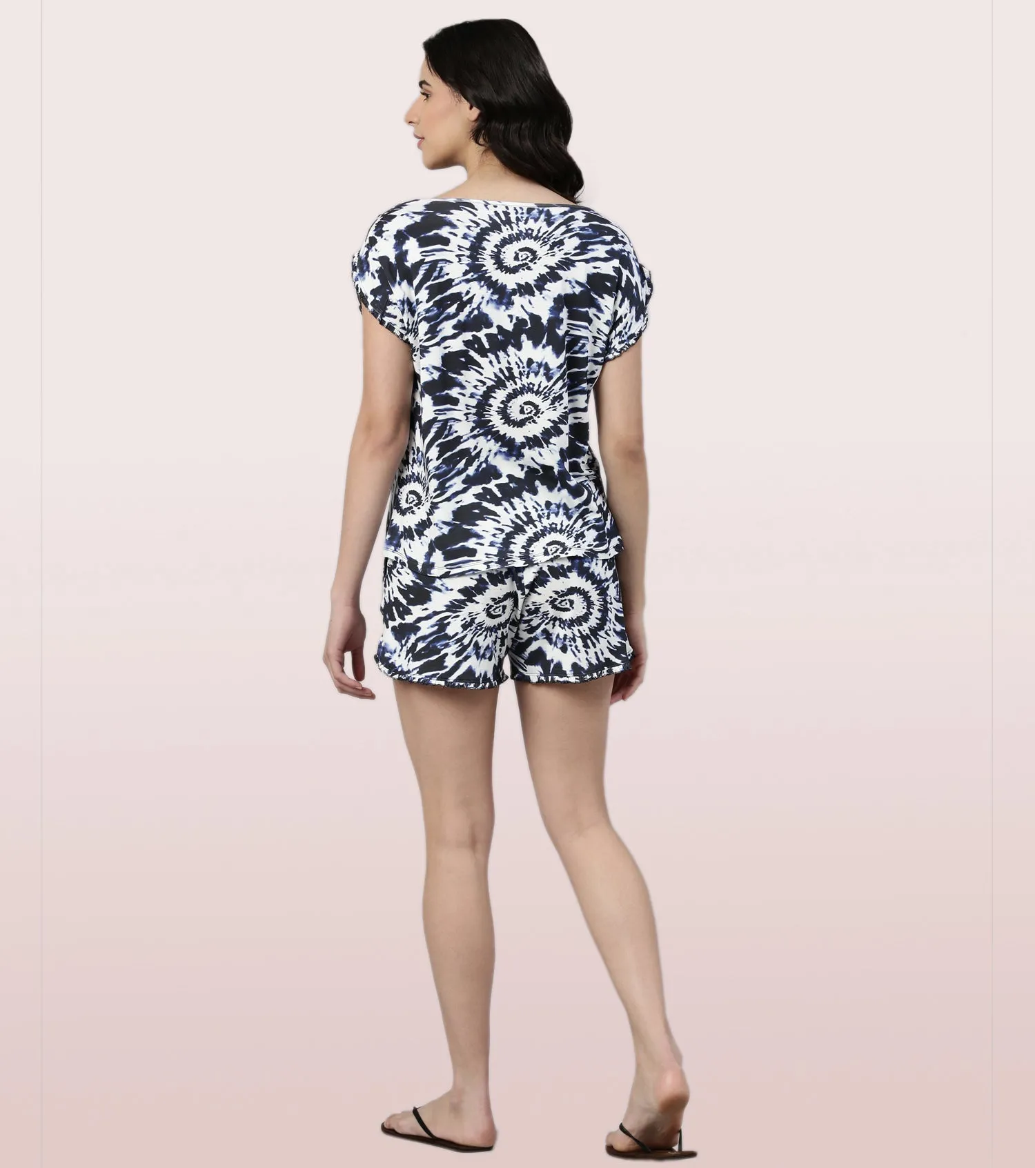 Home Shorts Set | Viscose Printed Ruffled Trim Tee And Shorts Set - EC14