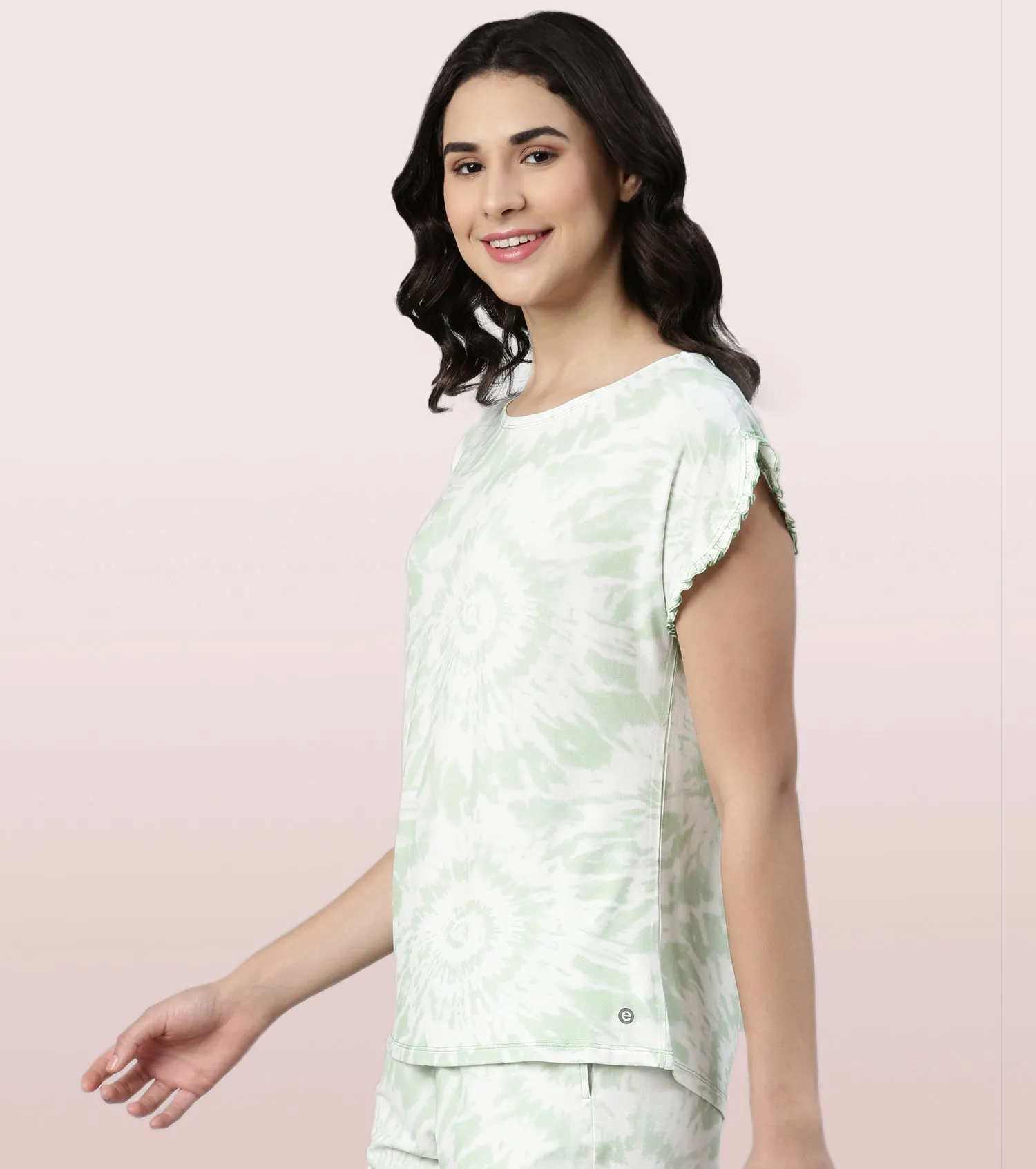 Home Shorts Set | Viscose Printed Ruffled Trim Tee And Shorts Set - EC14