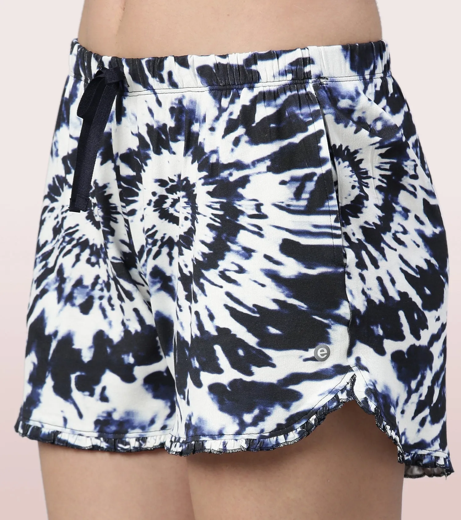 Home Shorts Set | Viscose Printed Ruffled Trim Tee And Shorts Set - EC14