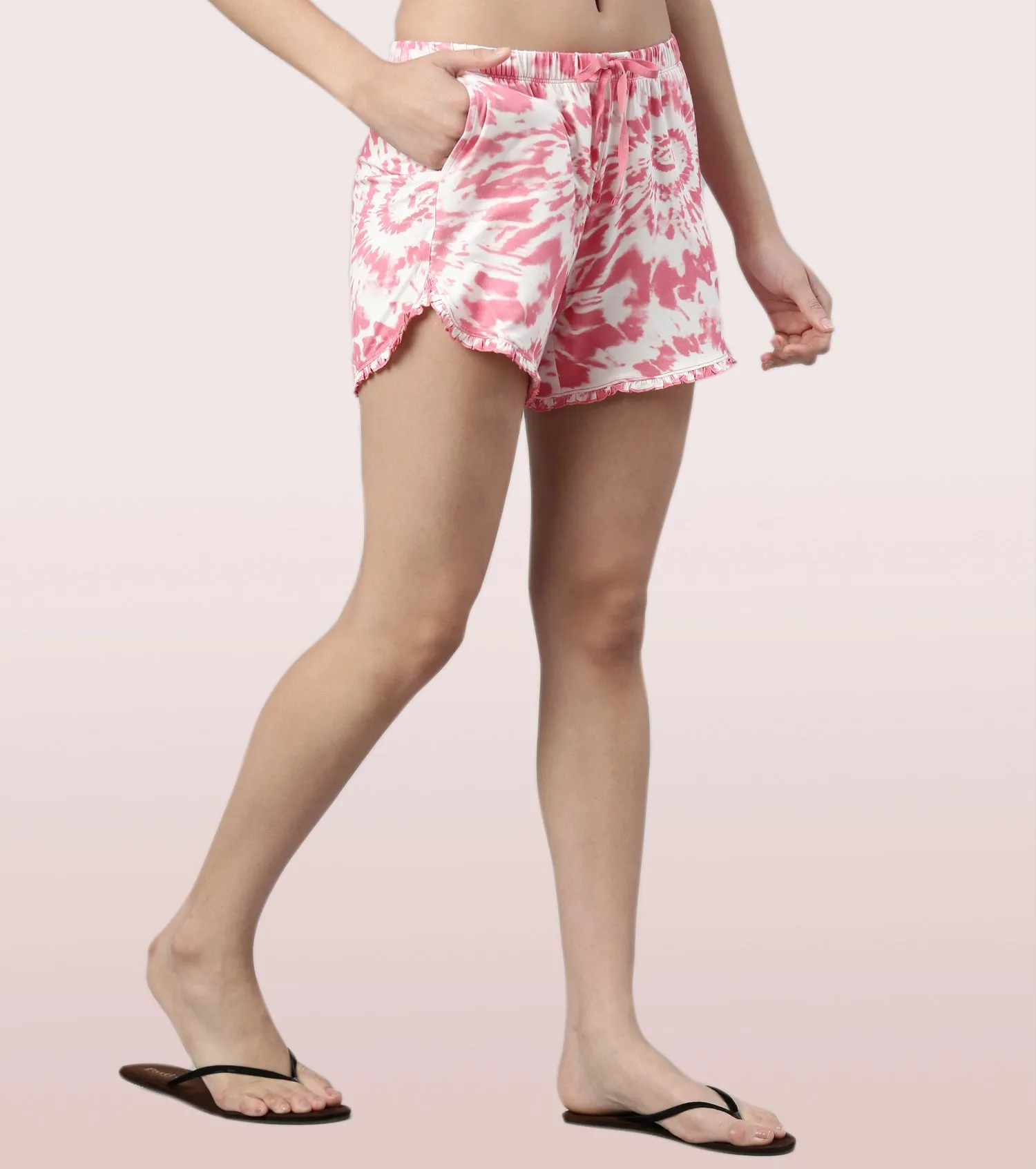 Home Shorts Set | Viscose Printed Ruffled Trim Tee And Shorts Set - EC14