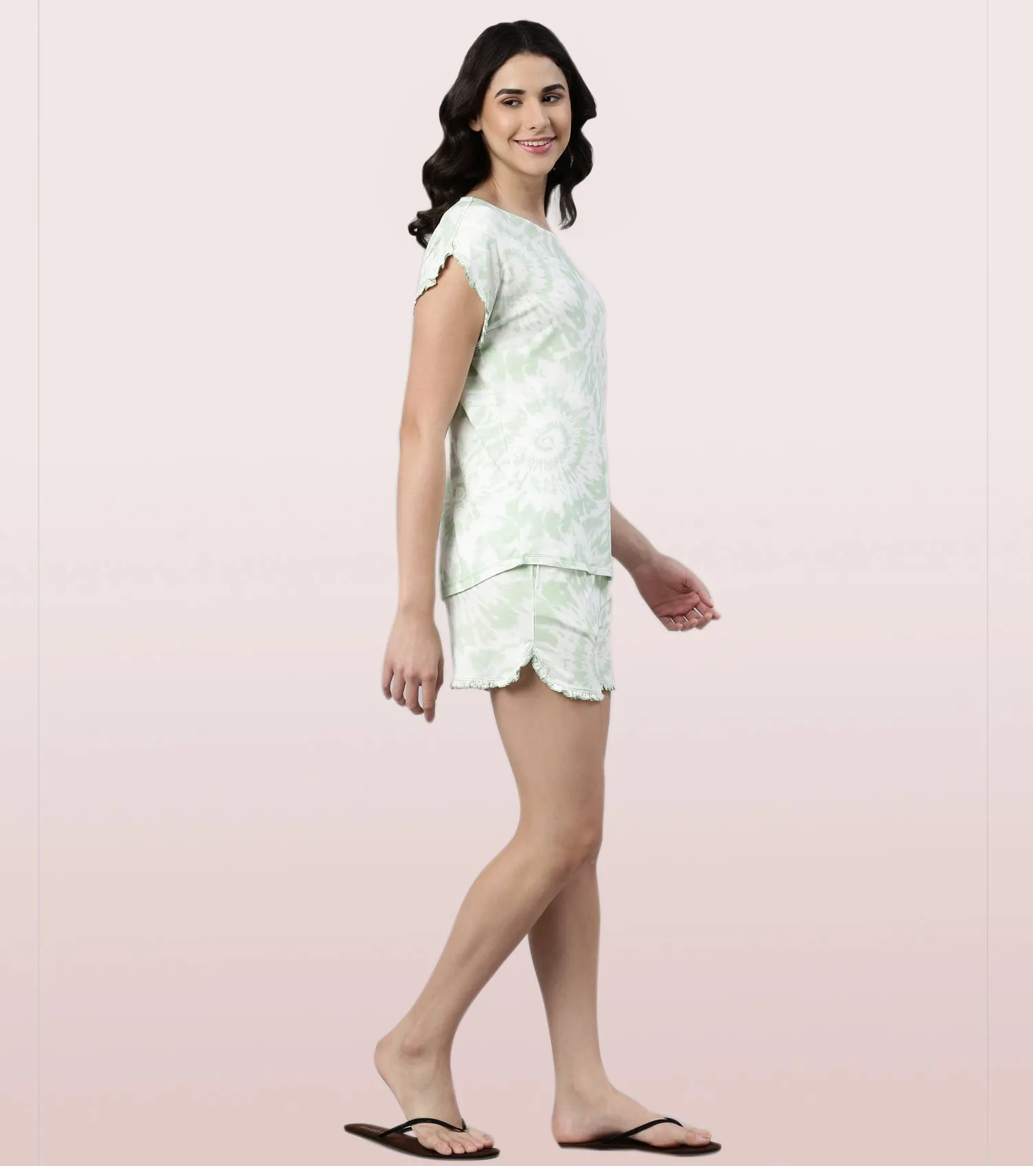 Home Shorts Set | Viscose Printed Ruffled Trim Tee And Shorts Set - EC14