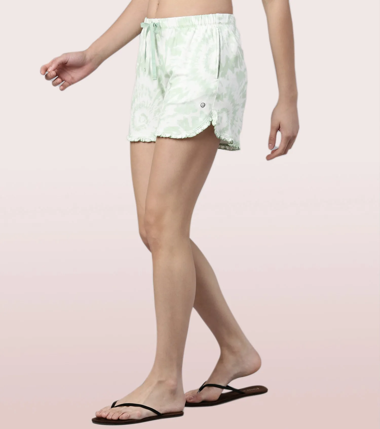 Home Shorts Set | Viscose Printed Ruffled Trim Tee And Shorts Set - EC14