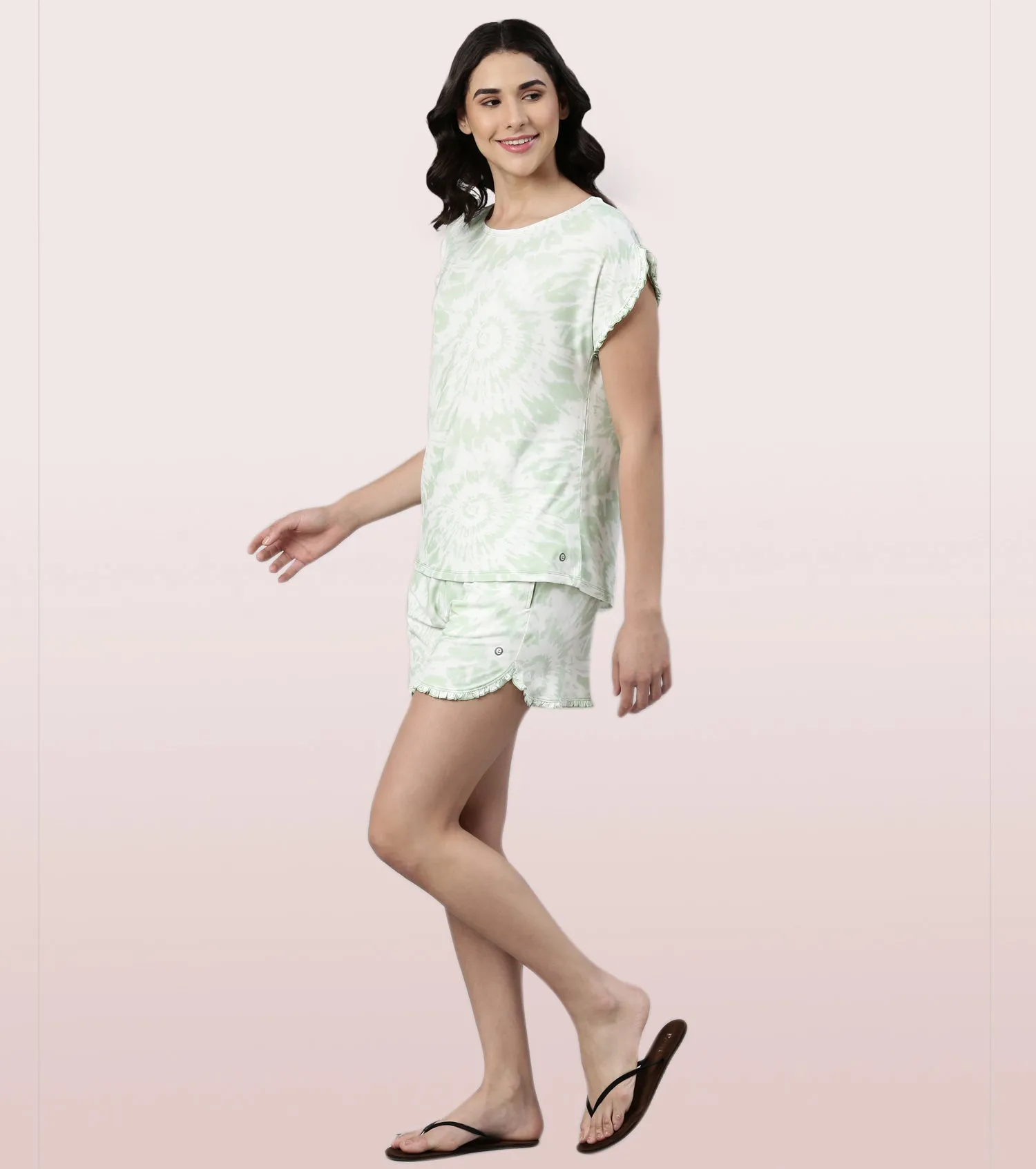 Home Shorts Set | Viscose Printed Ruffled Trim Tee And Shorts Set - EC14