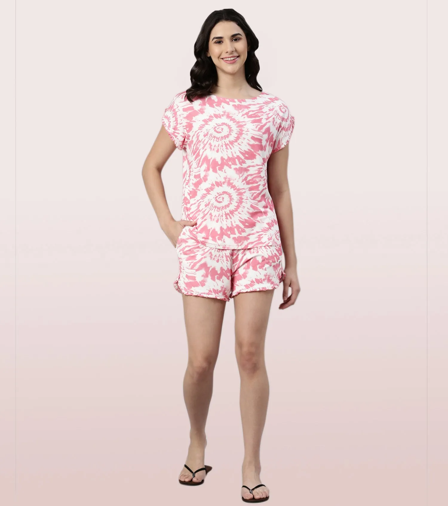 Home Shorts Set | Viscose Printed Ruffled Trim Tee And Shorts Set - EC14