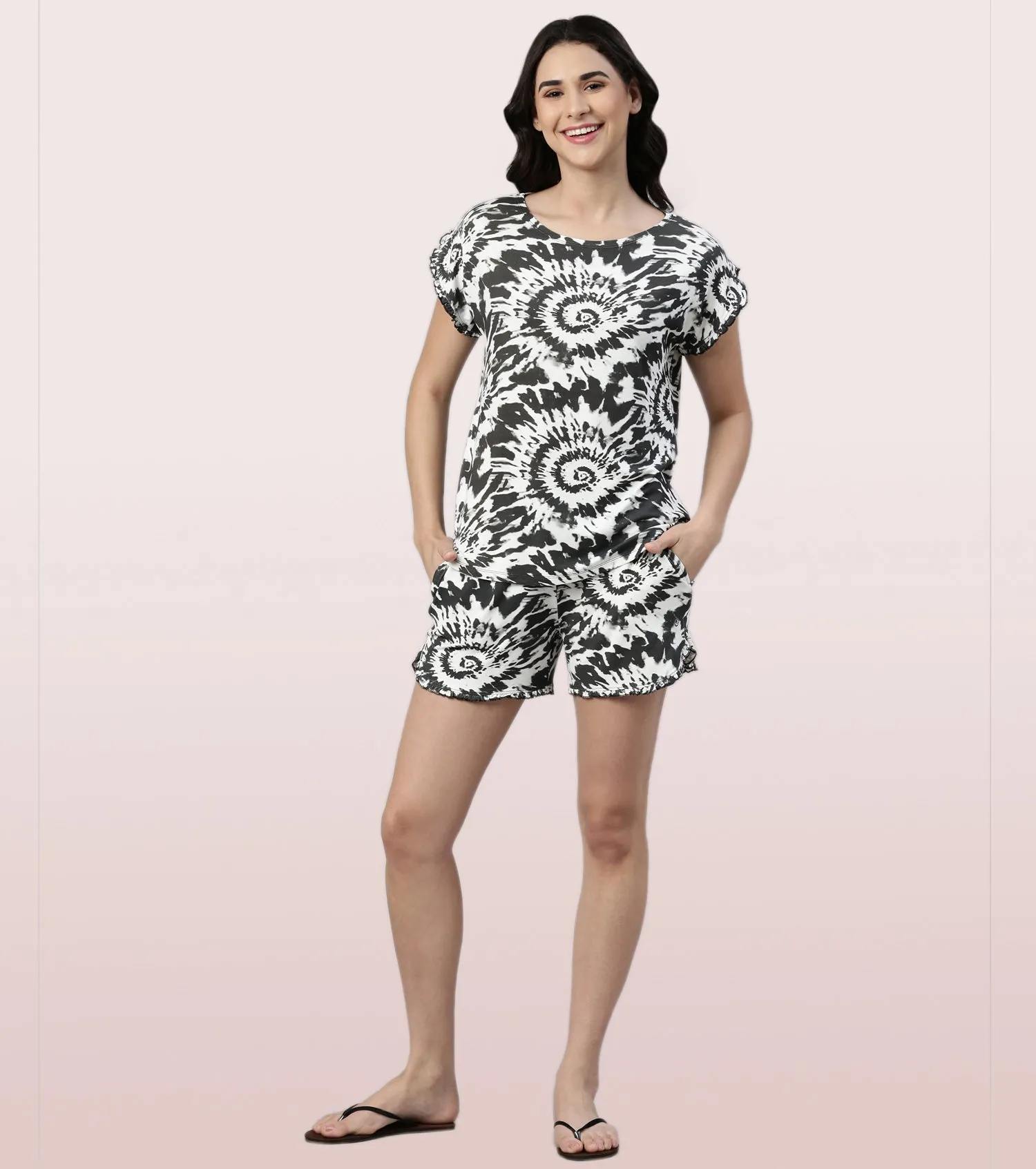 Home Shorts Set | Viscose Printed Ruffled Trim Tee And Shorts Set - EC14