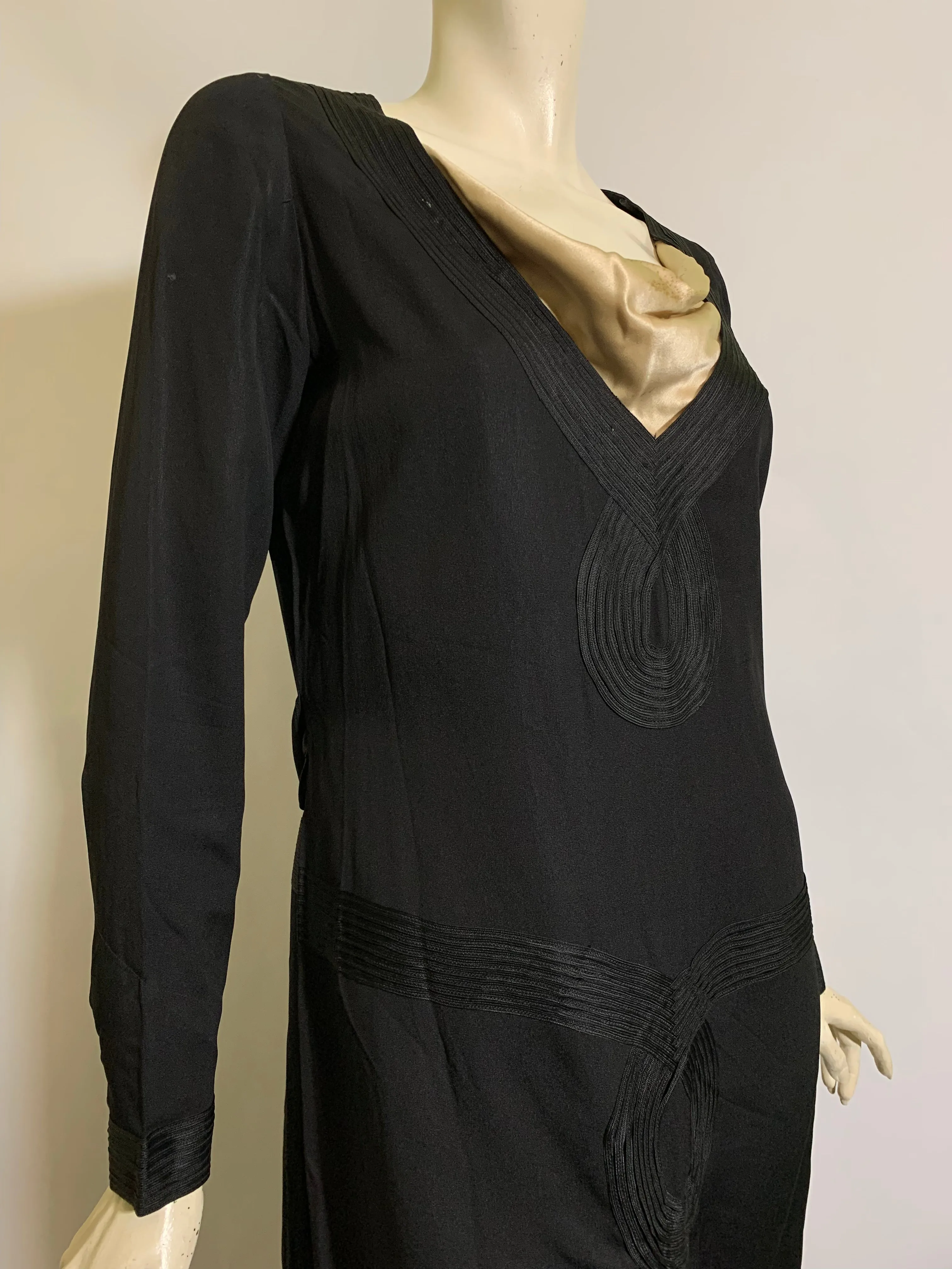 Jet Black Soutache Trimmed Dropped Waist Silk Dress circa 1920s