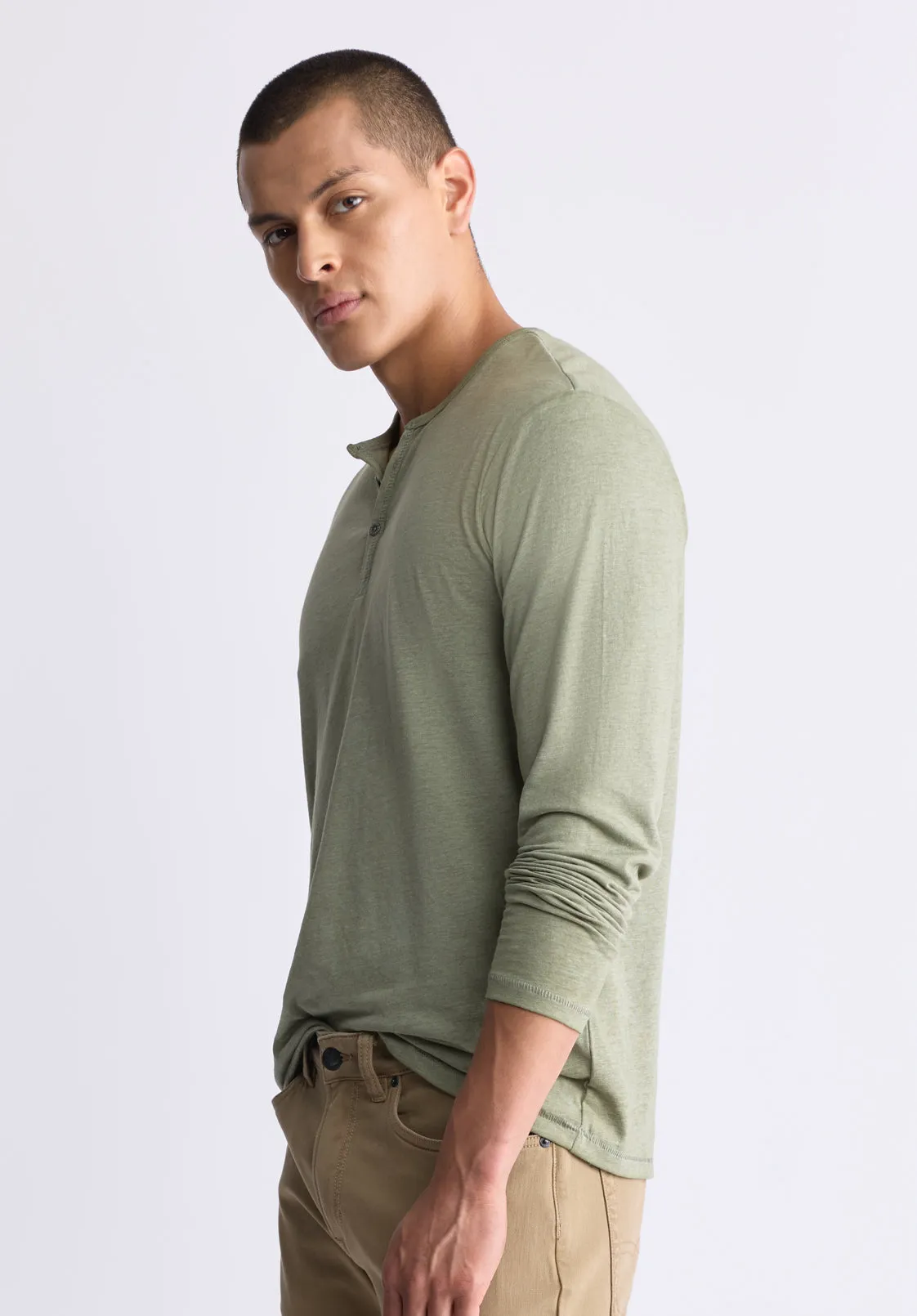 Kaduk Men's Long-Sleeve Burnout Henley Top, Army Green - BM24237