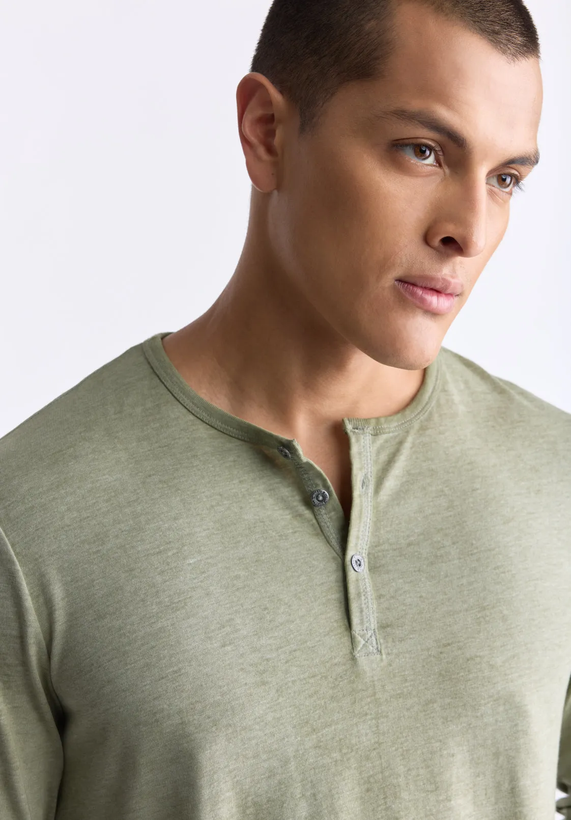 Kaduk Men's Long-Sleeve Burnout Henley Top, Army Green - BM24237