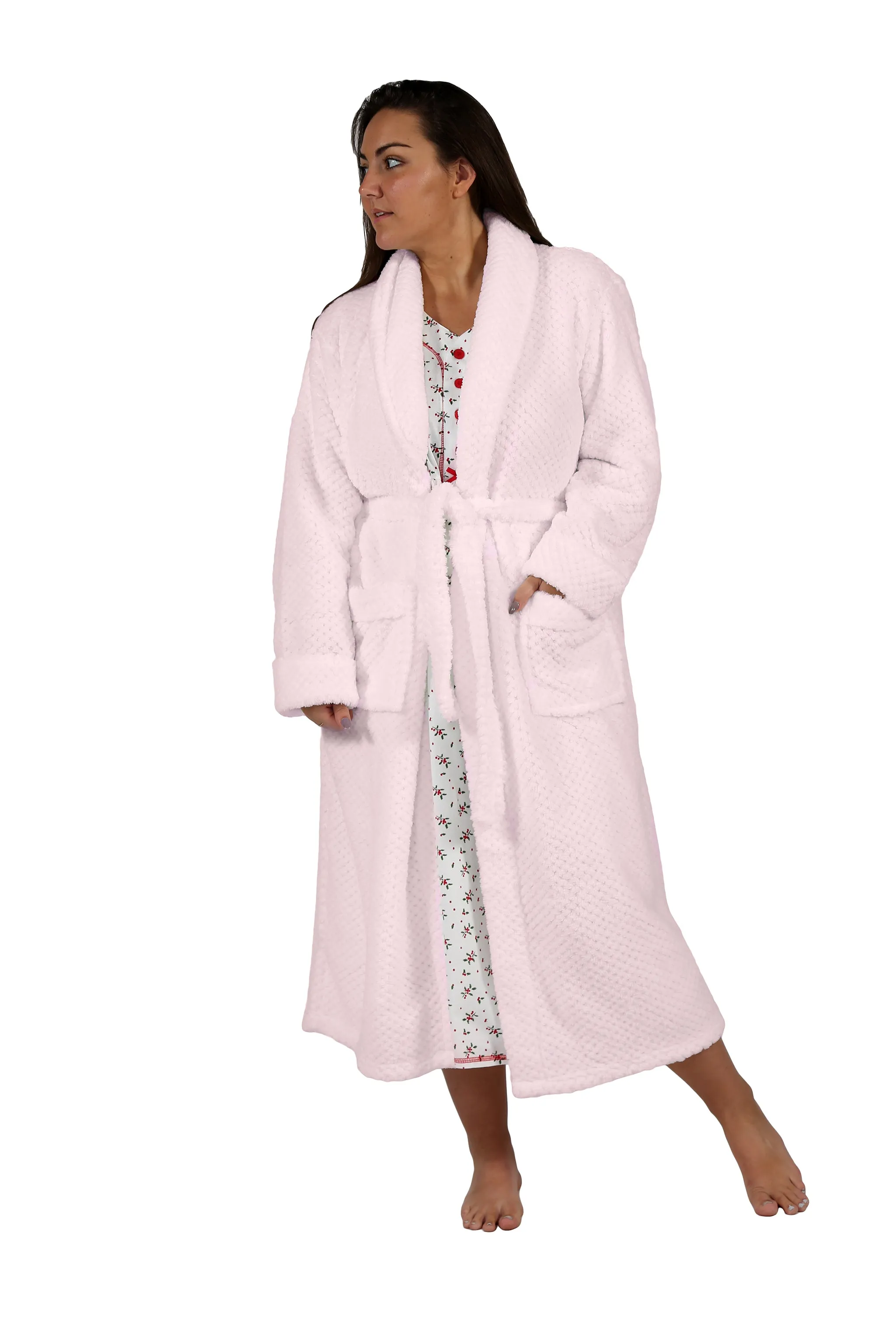 La Cera Textured Full Length Fleece Bath Robe - Plus Size