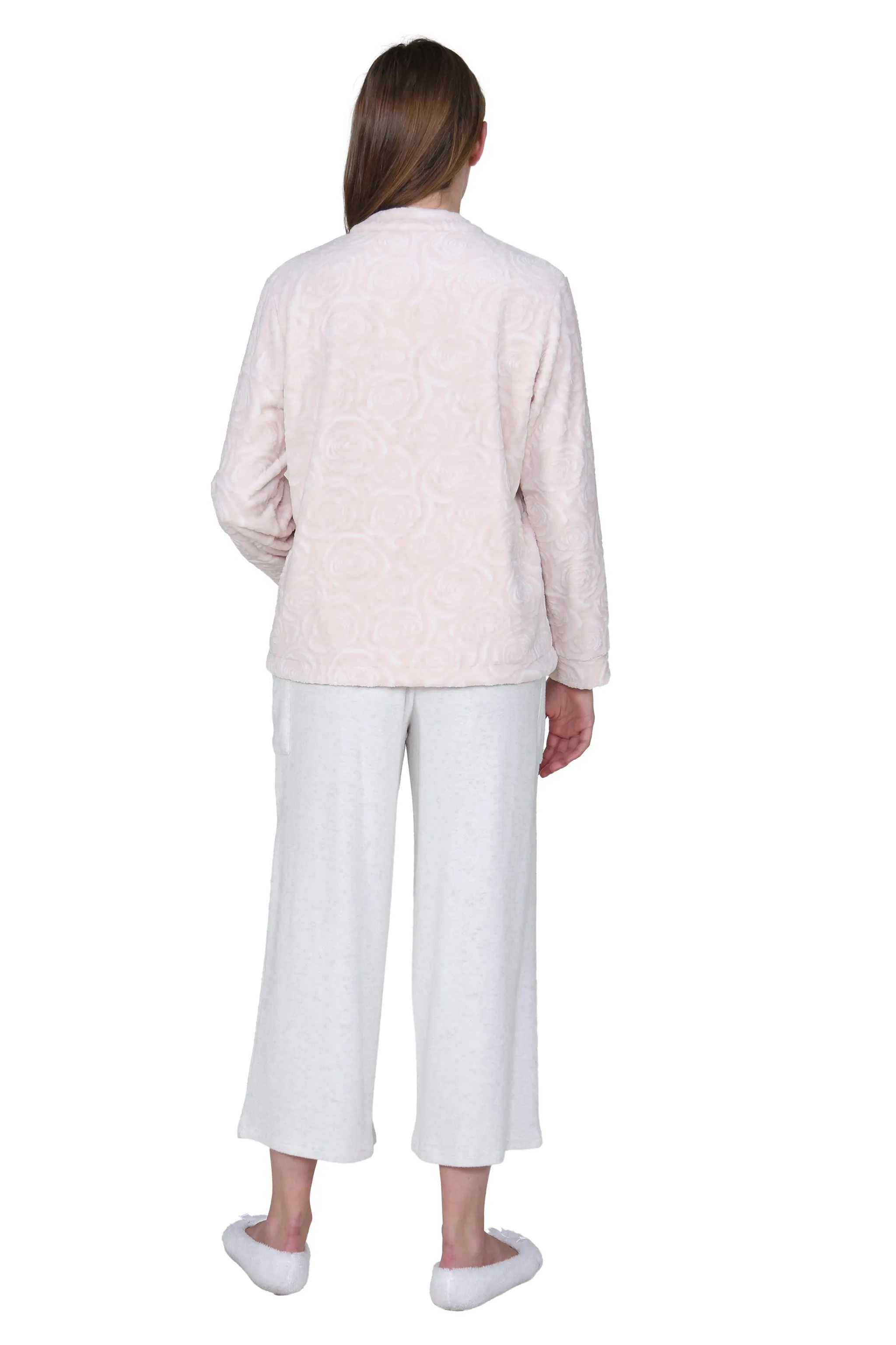 LA CERA Women's Fleece Rose Sculptured Bed Jacket