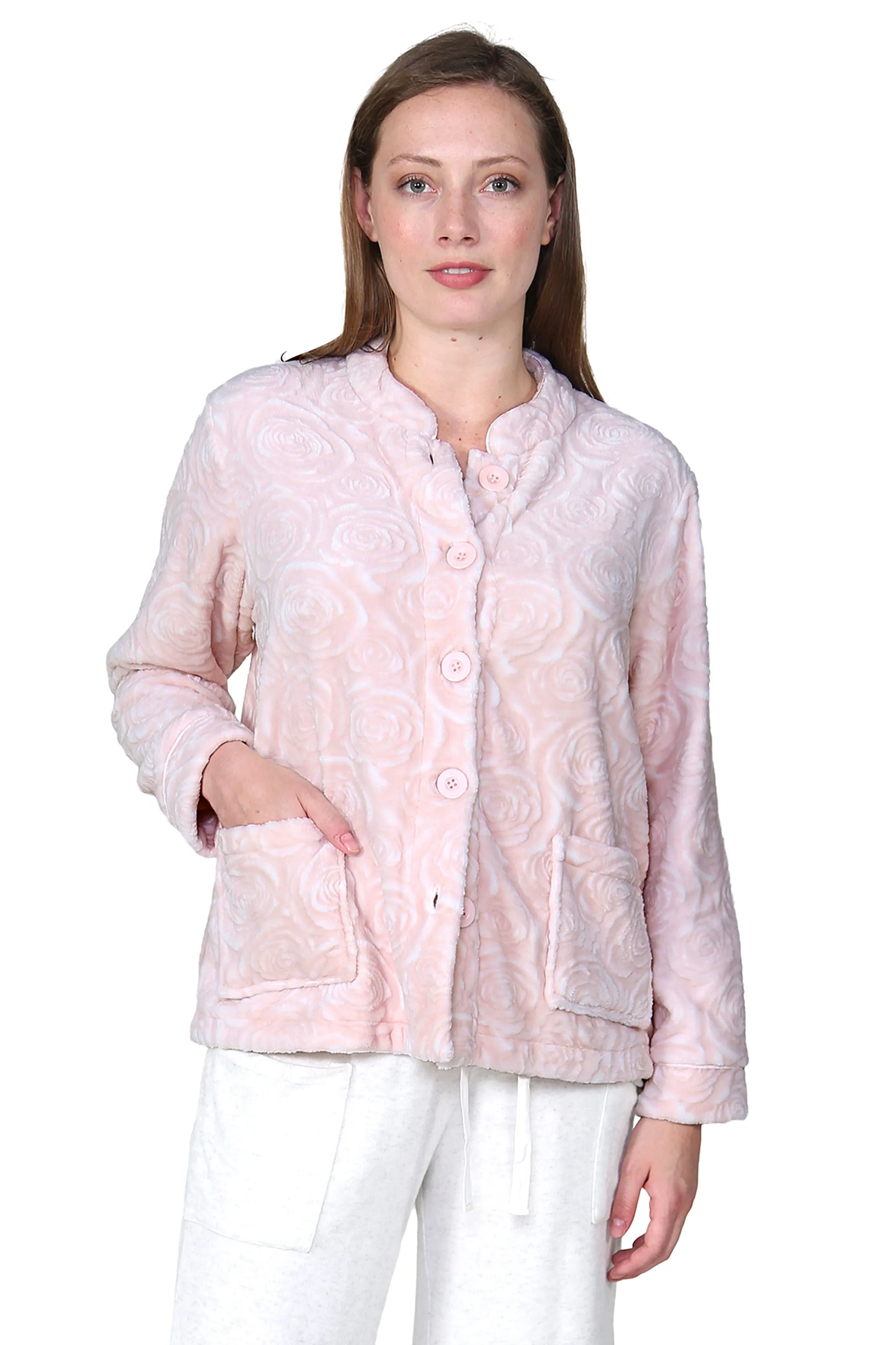 LA CERA Women's Fleece Rose Sculptured Bed Jacket